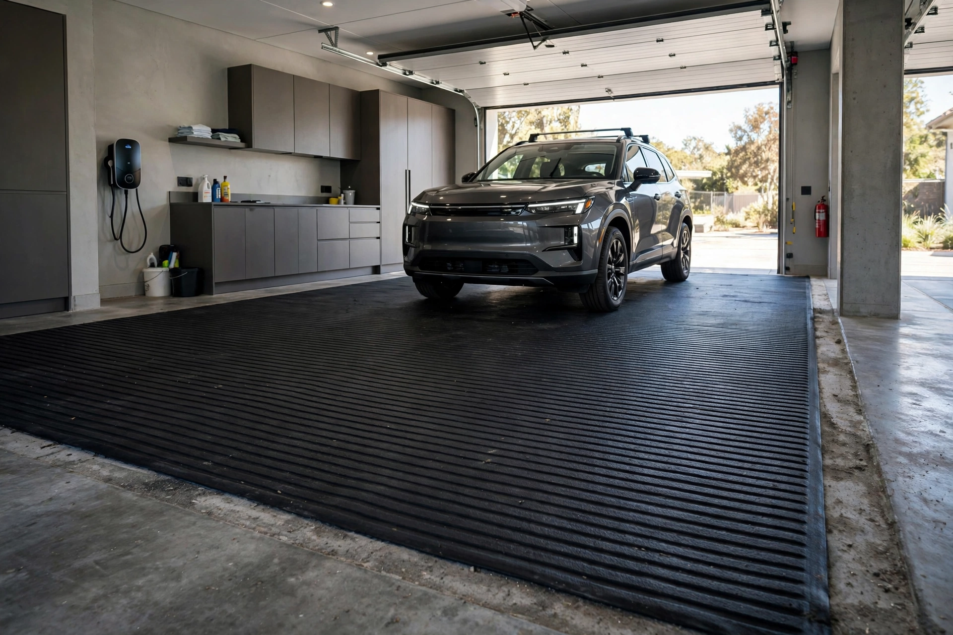 Garage parking bay covered with a dark ribbed roll-out vinyl floor mat under an SUV