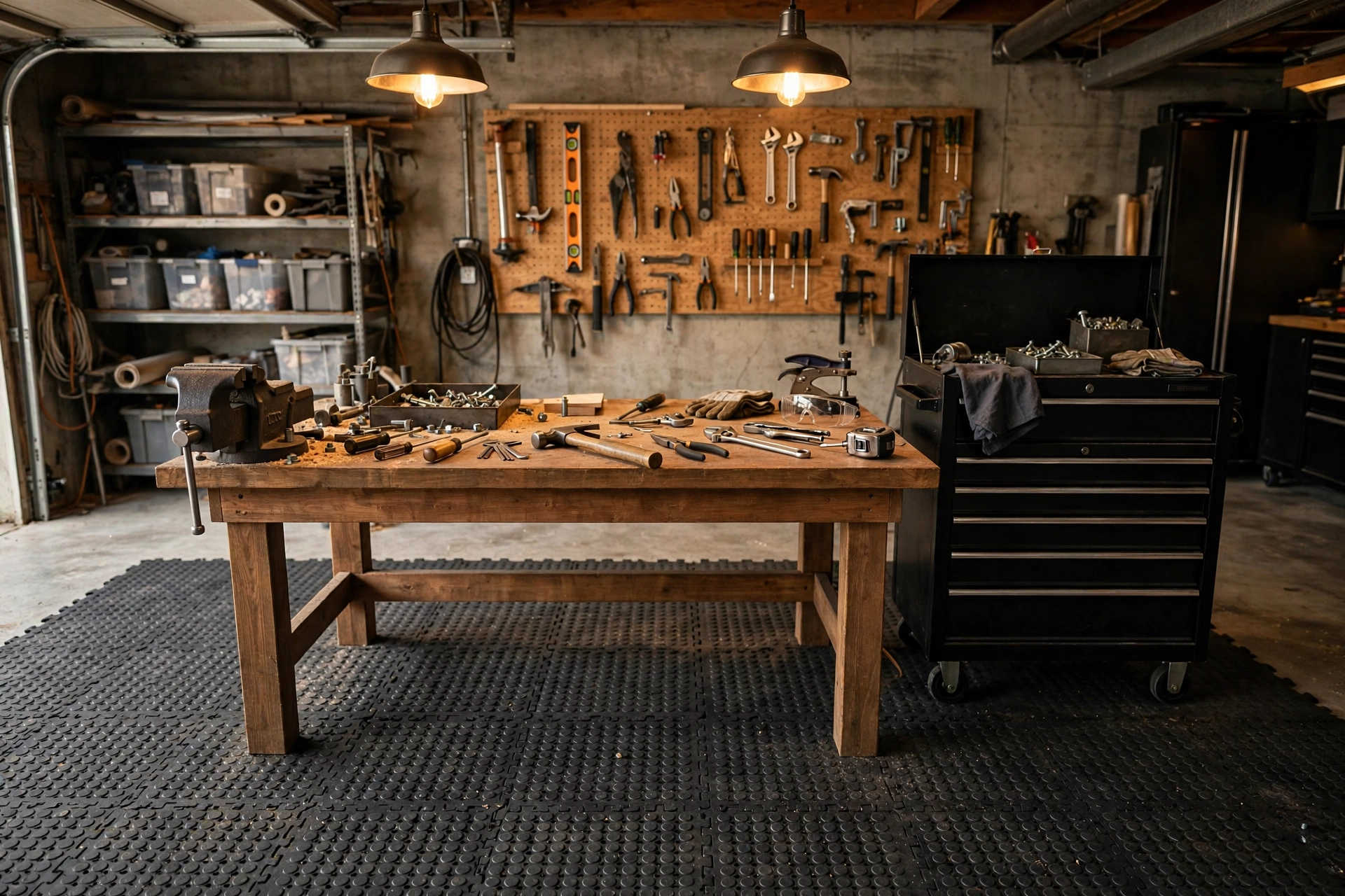 Garage workshop zone with black rubber coin-pattern floor mats in front of a workbench
