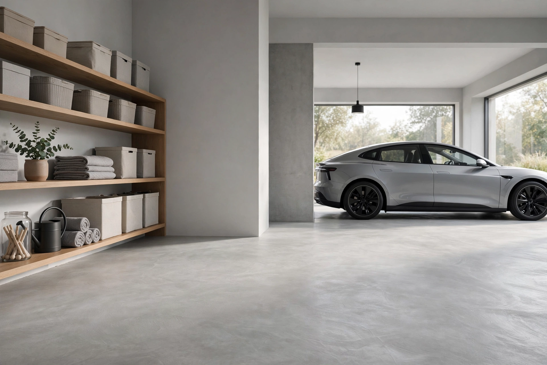 Minimalist garage with a natural sealed concrete floor in a matte light grey finish