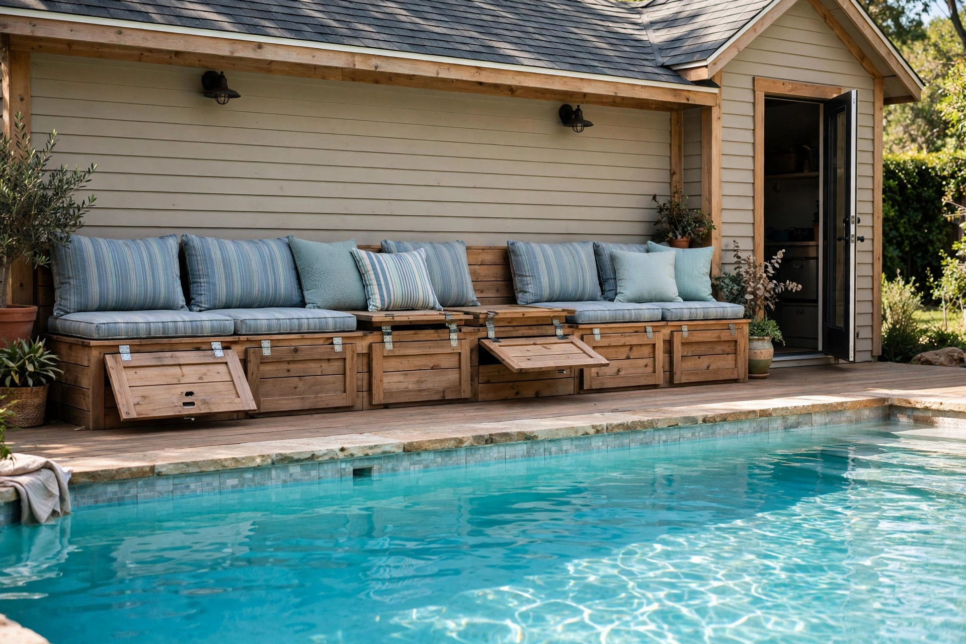 Built-in wooden bench seating with storage lids along the deck-side wall of a small pool house