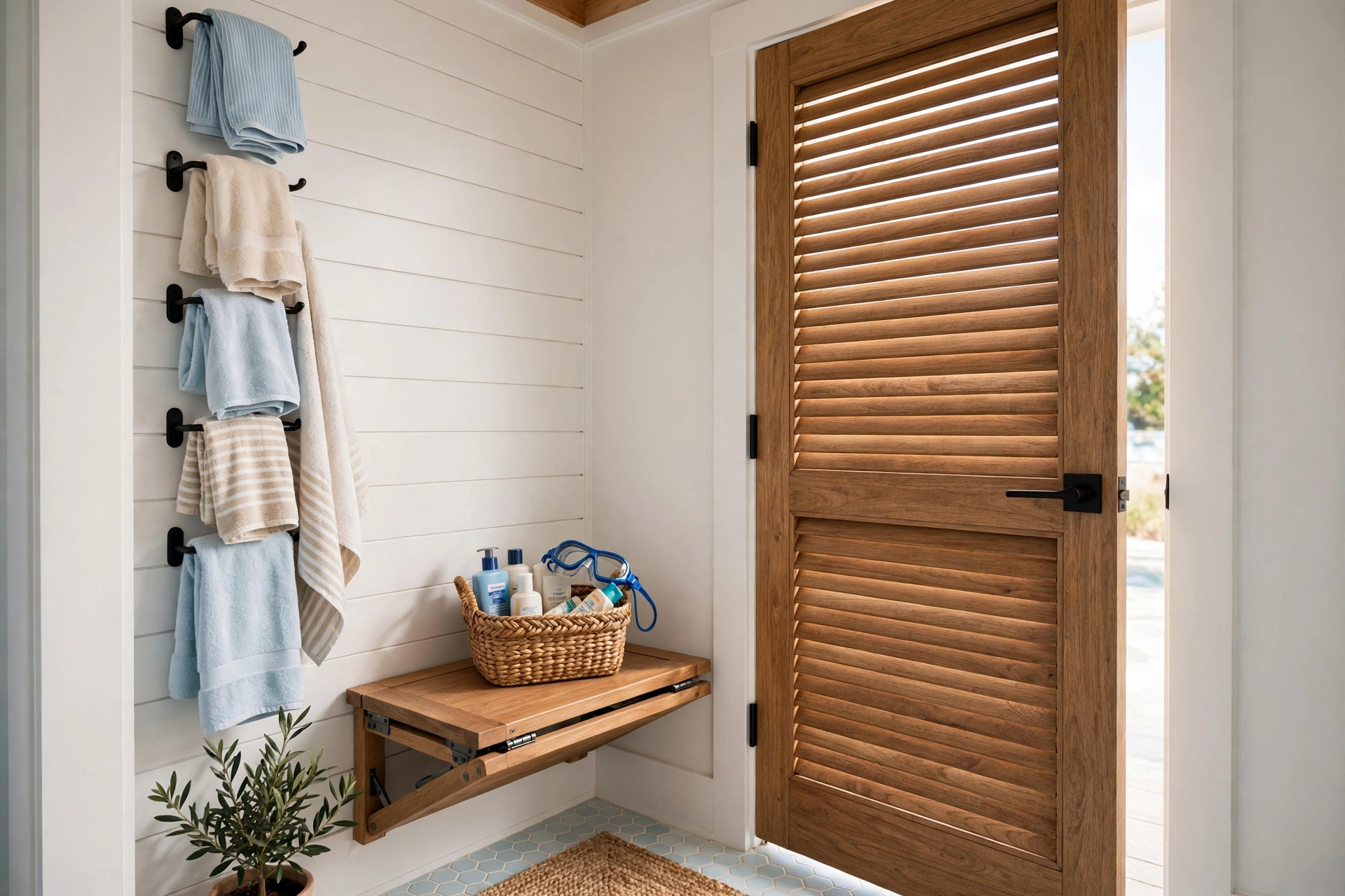 Tiny pool house changing corner with a louvred door, wall hooks, fold-down bench, and swim gear
