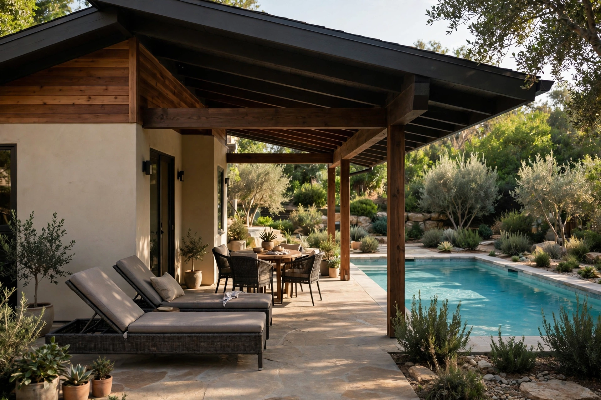 Small pool house with an extended roof over a covered deck patio with lounge chairs by the pool