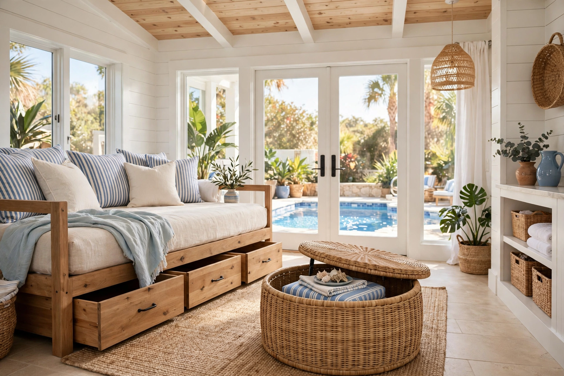 Cozy small pool house interior with a daybed with trundle drawers and a round storage ottoman