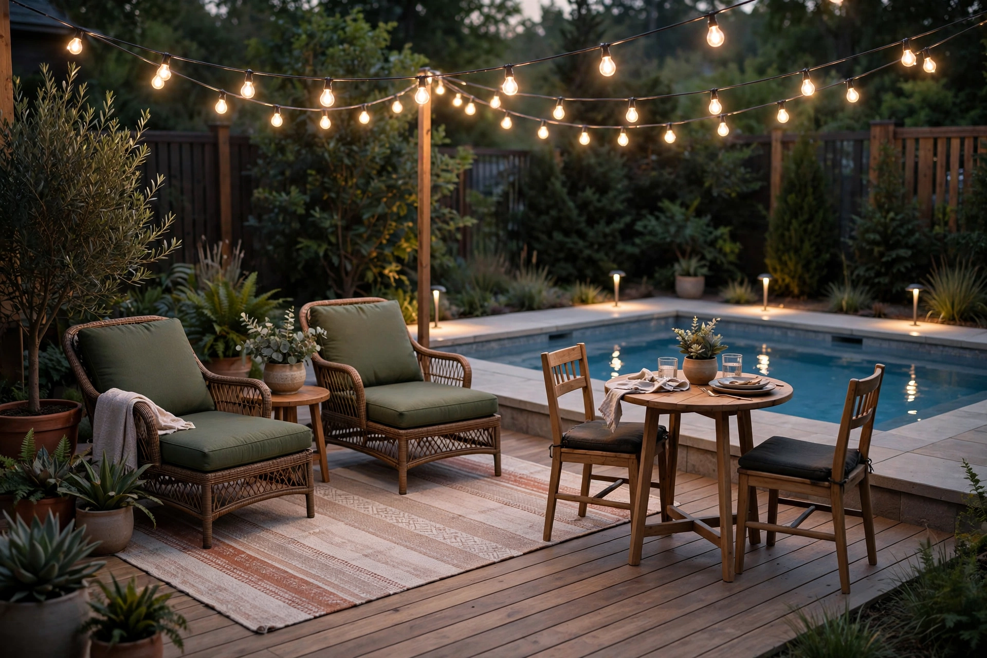 Small pool deck with zoned areas: lounge corner on an outdoor rug, dining spot under string lights, and path lights