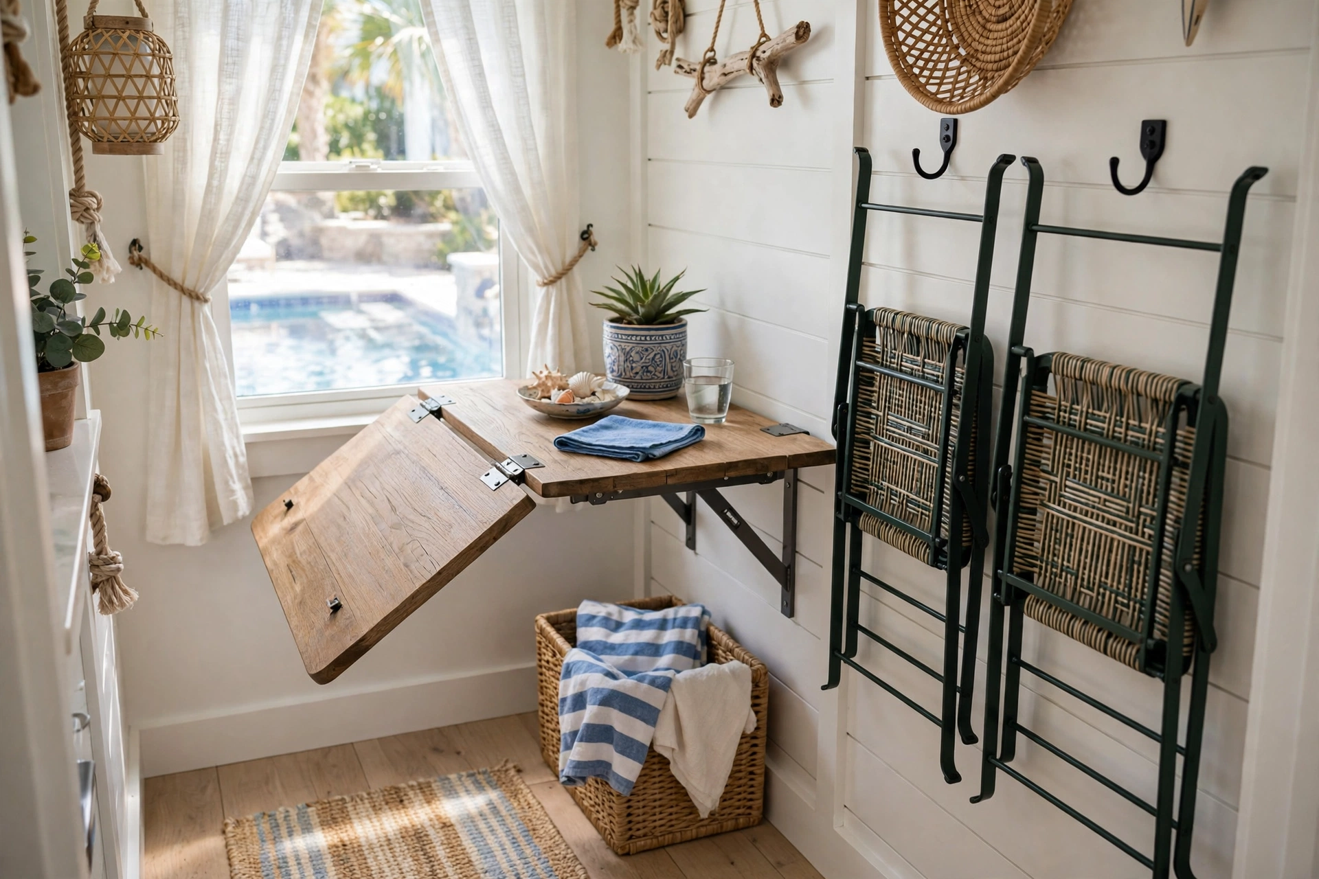 Compact pool house interior with a wall-mounted drop-leaf table and folding bistro chairs on wall hooks