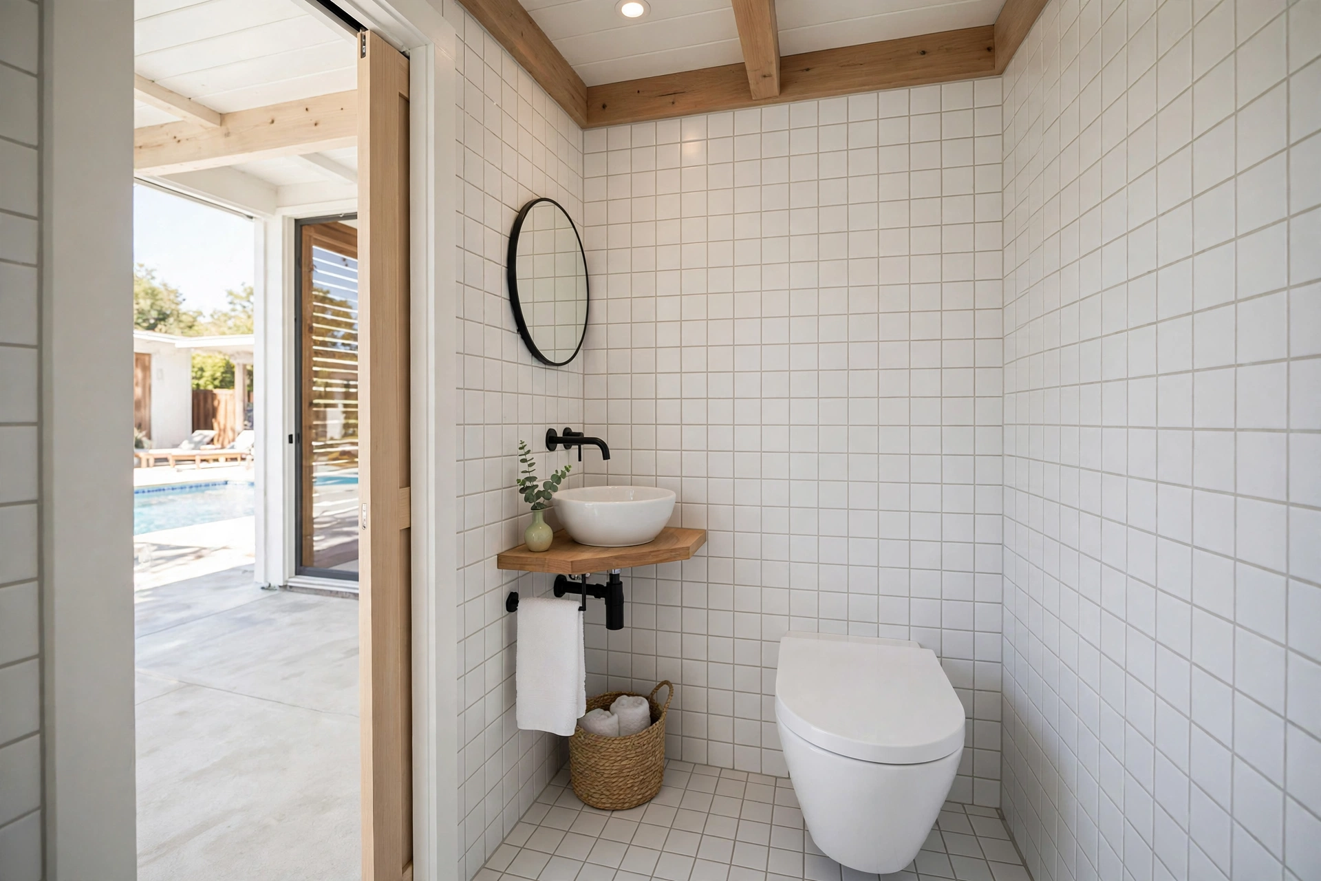 Tiny fully tiled pool house half-bath with a wall-hung toilet and corner sink