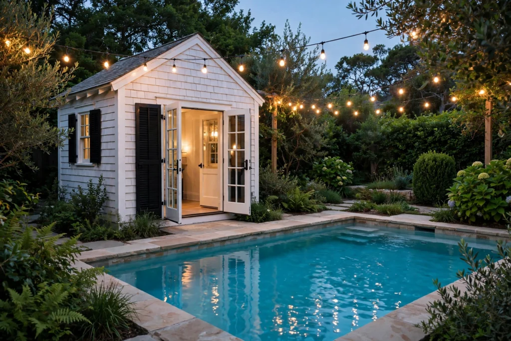 Charming white shingle pool house cottage with black shutters, open French doors, and string lights beside a turquoise pool at dusk