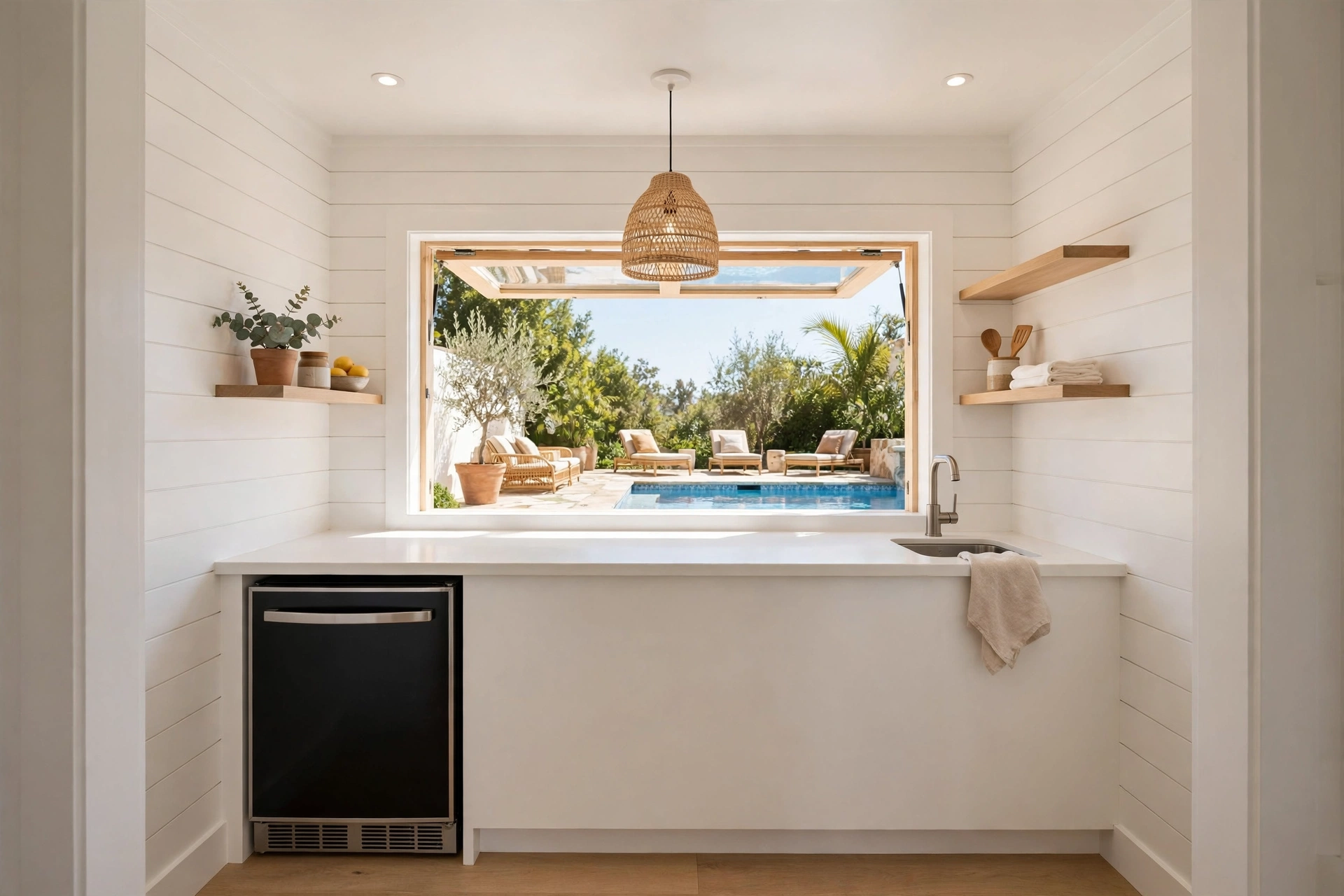 Compact pool house kitchenette with counter and pass-through serving window open to the pool deck