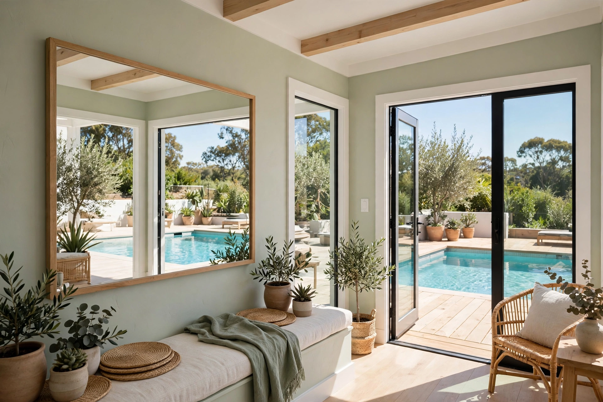 Bright white small pool house interior with a large mirror reflecting the turquoise pool
