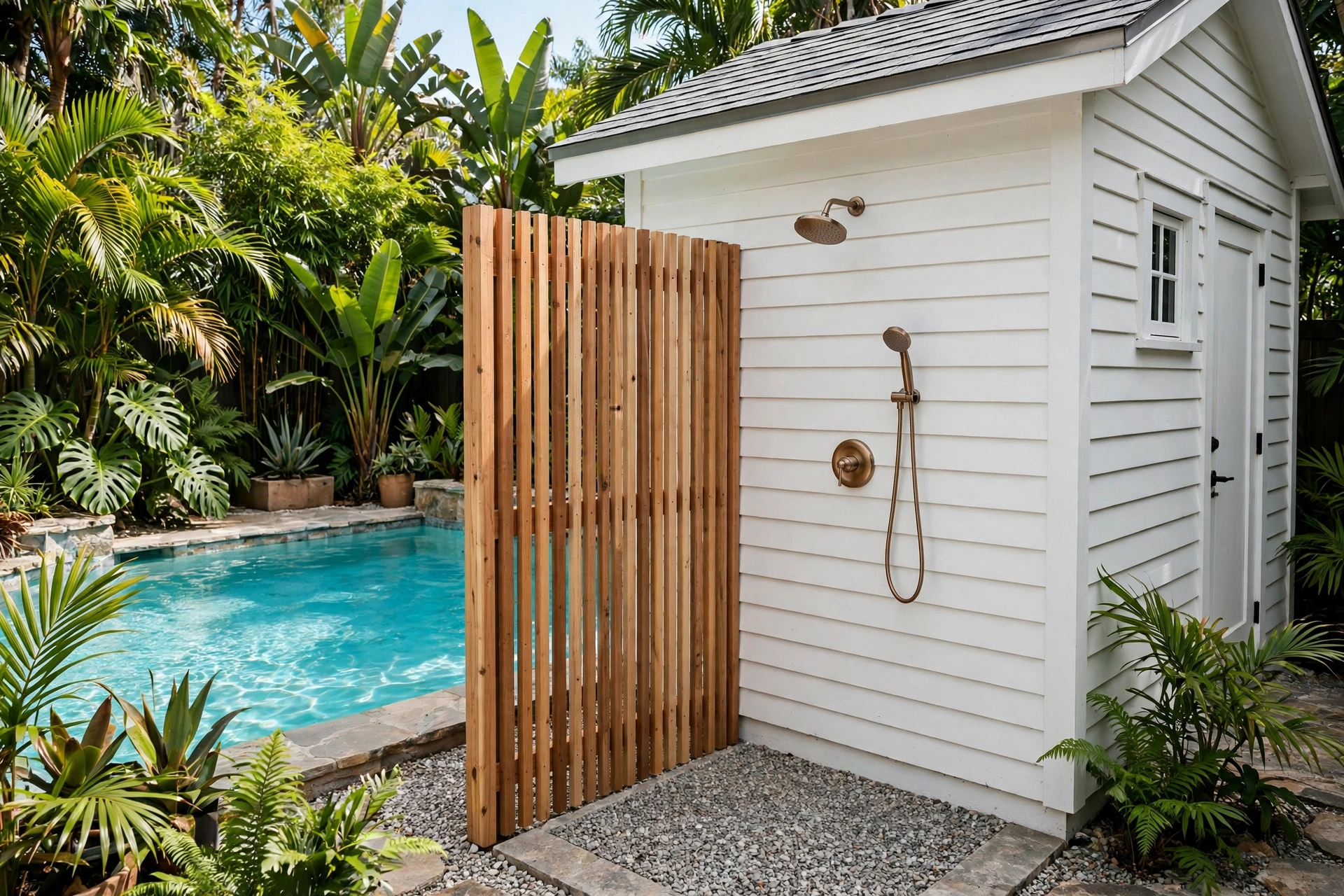 Outdoor shower mounted on the side wall of a small white pool house with a cedar privacy screen