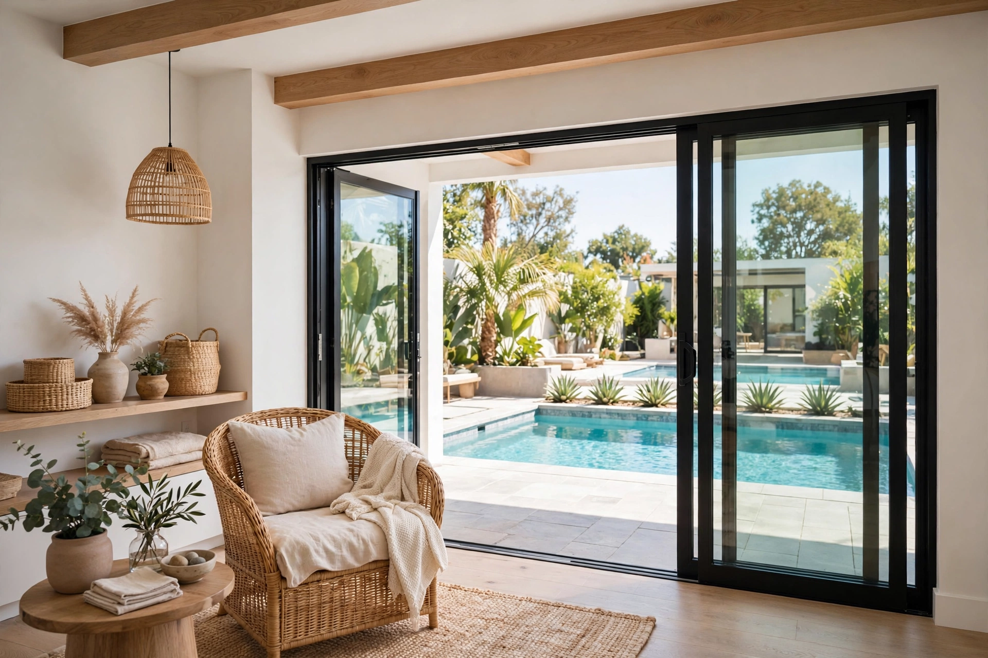 Small modern pool house interior opening onto a pool deck through wide sliding glass doors