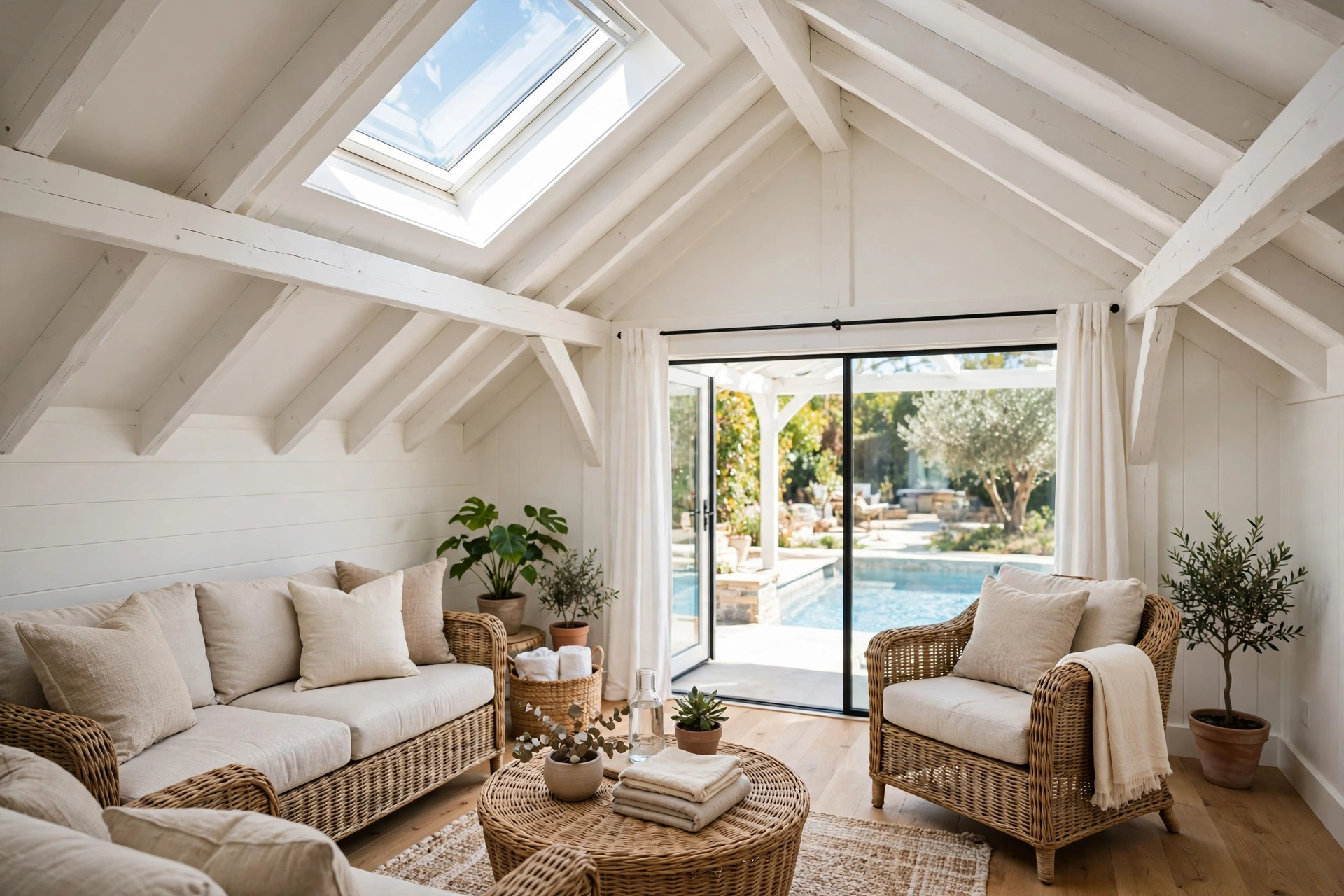 Small pool house interior with a vaulted white ceiling, exposed rafters, and a skylight