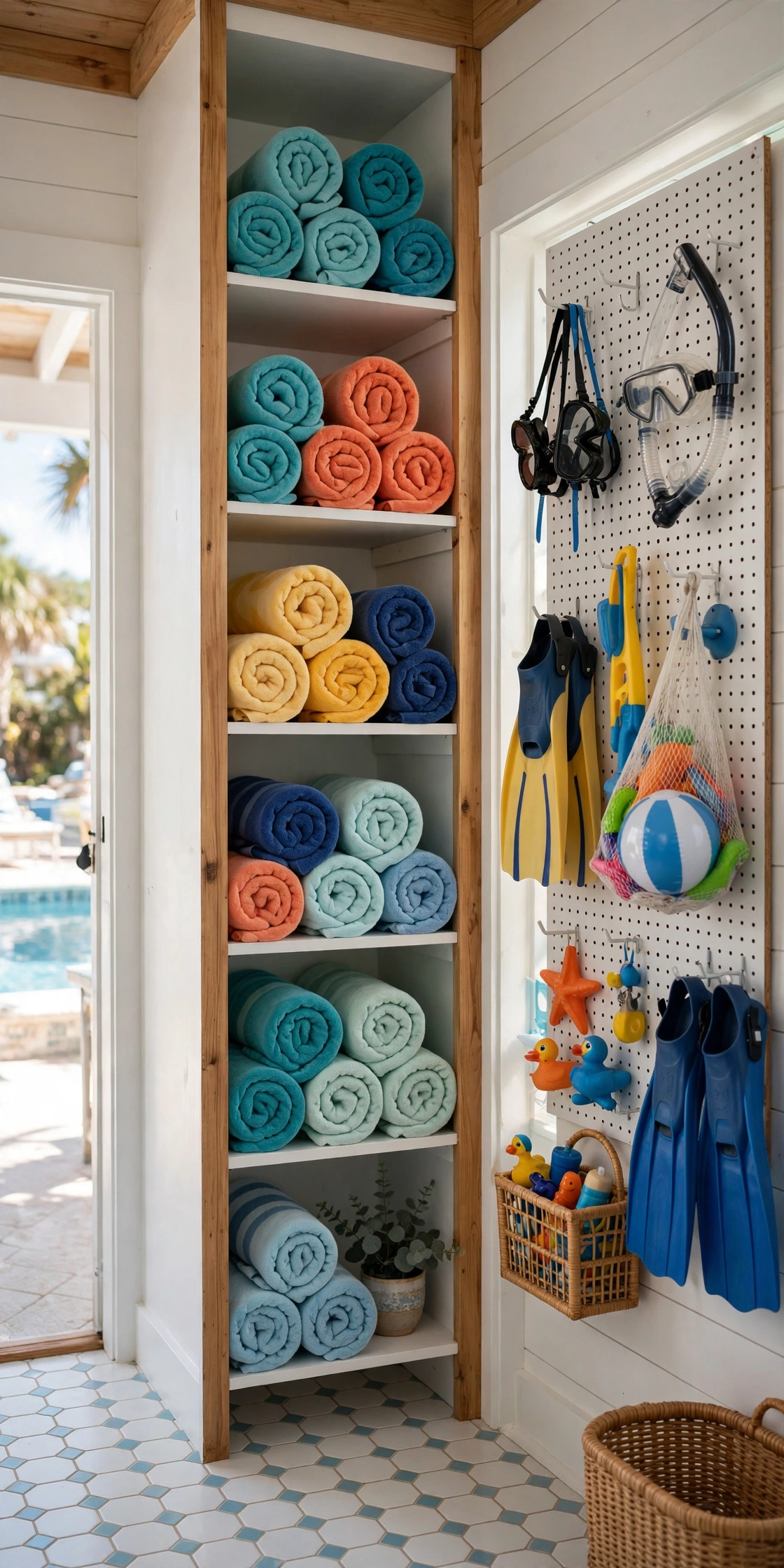 Tall open shelving wall in a small pool house with rolled pool towels and a pegboard of pool gear