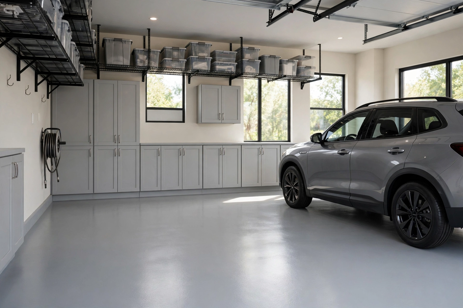Garage with a smooth solid light-grey two-part epoxy floor coating and a parked car