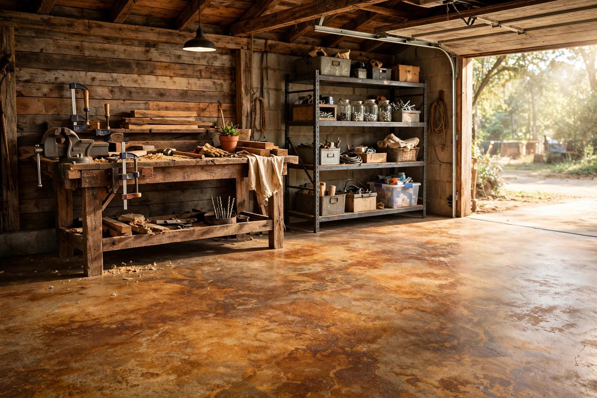 Rustic garage with an acid-stained concrete floor in variegated warm brown and amber tones