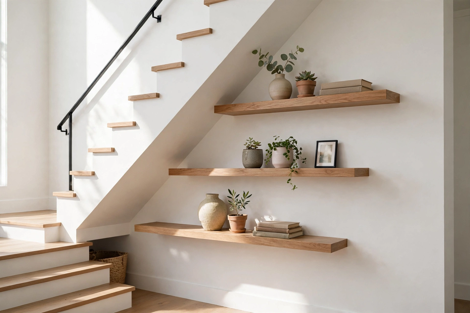 Shallow floating shelves styled with plants and ceramics on a staircase wall