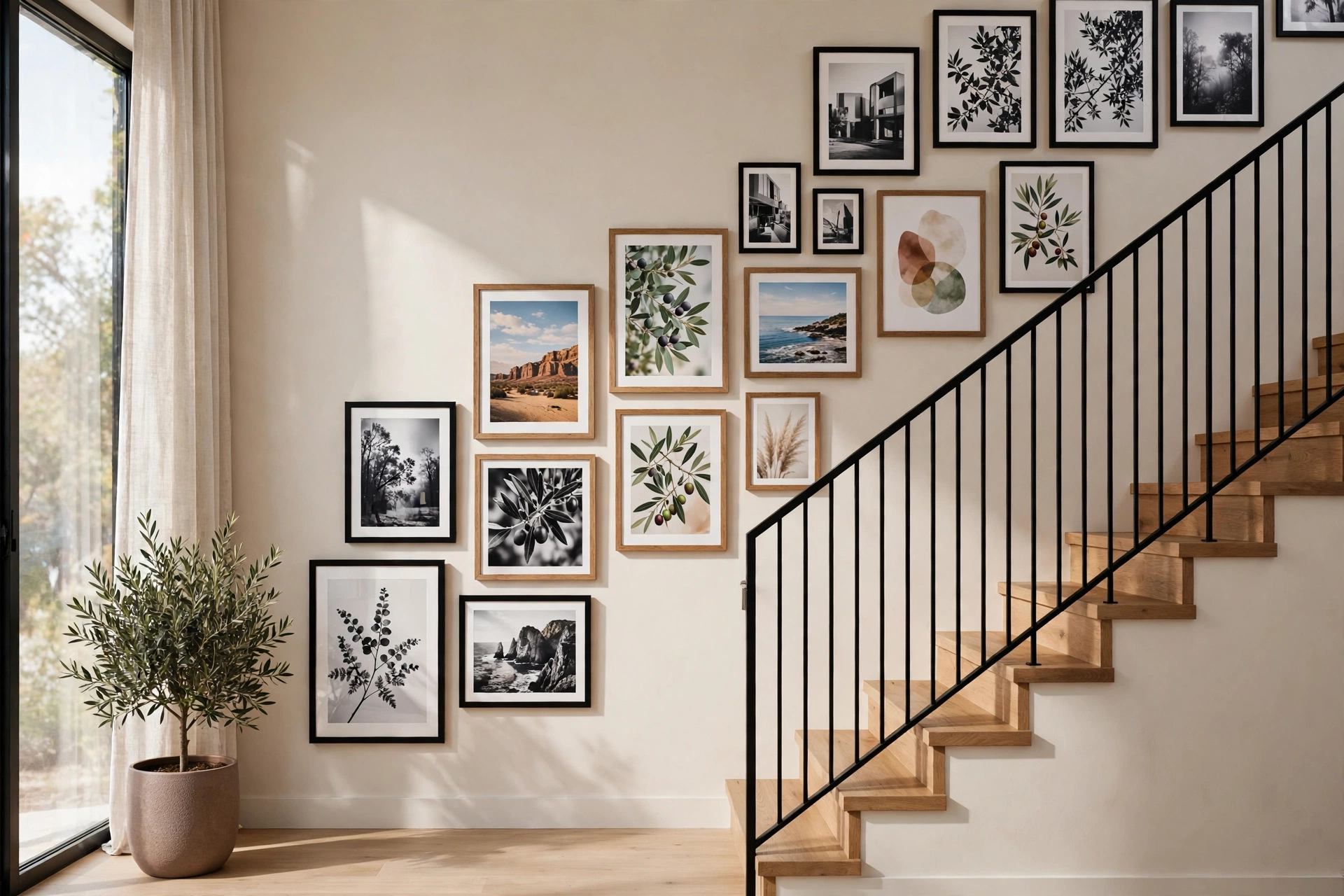 Climbing gallery wall of framed prints ascending alongside a modern staircase