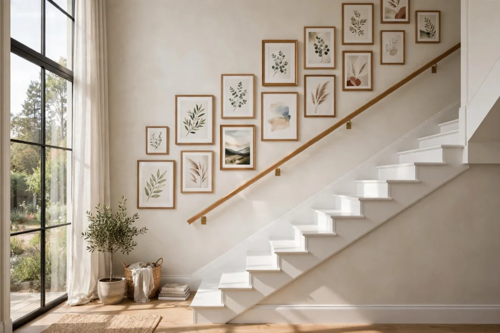 Elegant staircase with a climbing gallery wall of framed art, bathed in natural light