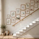 Elegant staircase with a climbing gallery wall of framed art, bathed in natural light
