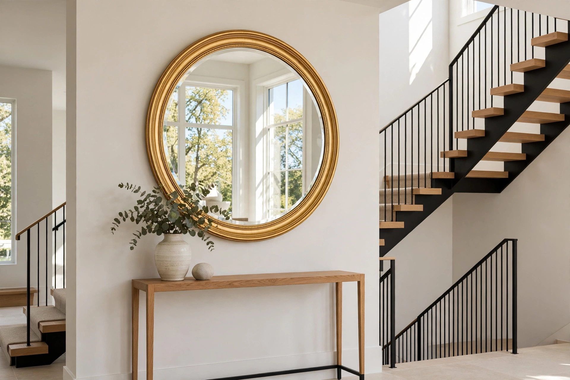 Round decorative mirror reflecting daylight on a staircase wall above a console table