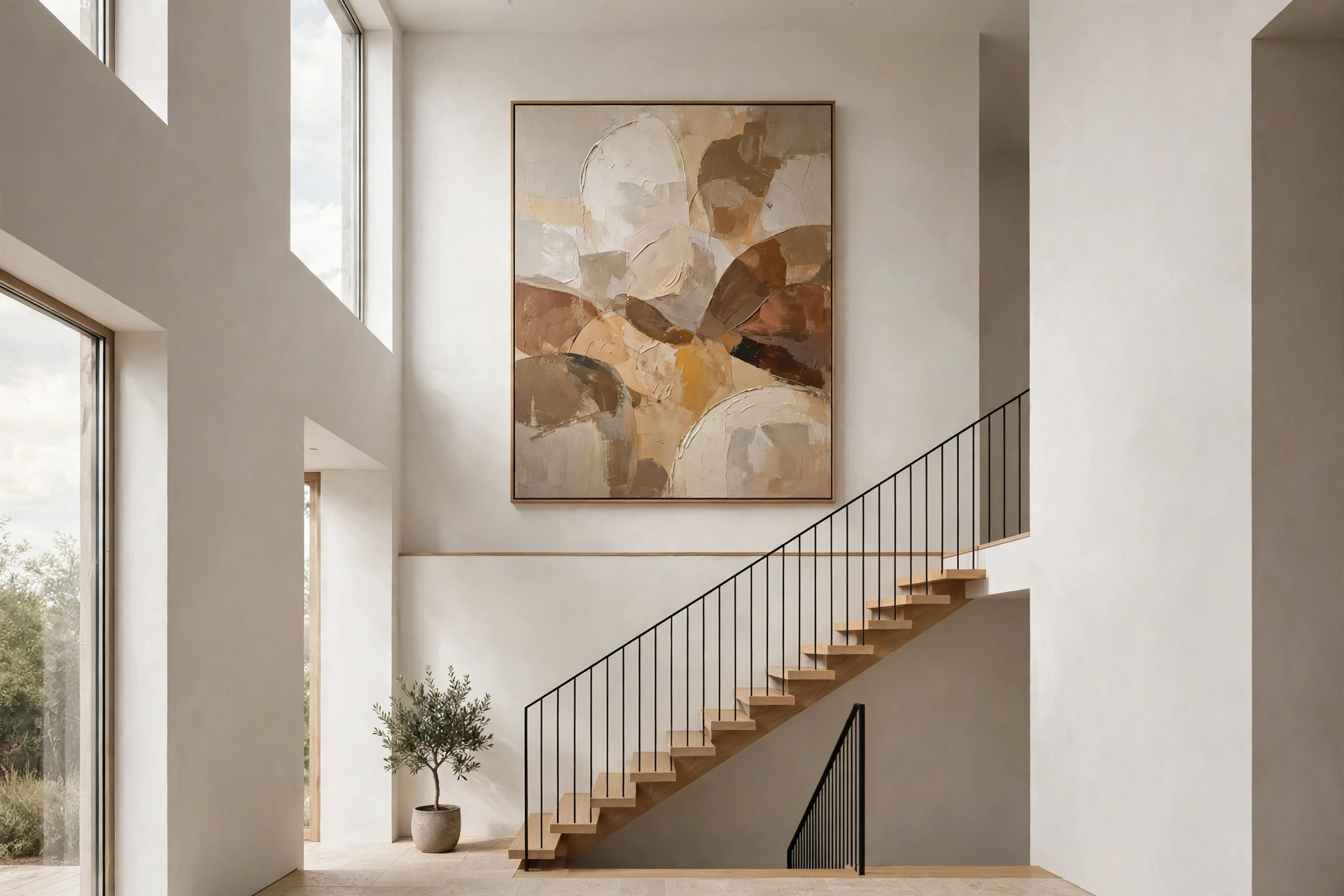Large abstract canvas artwork hung on a bright staircase landing wall