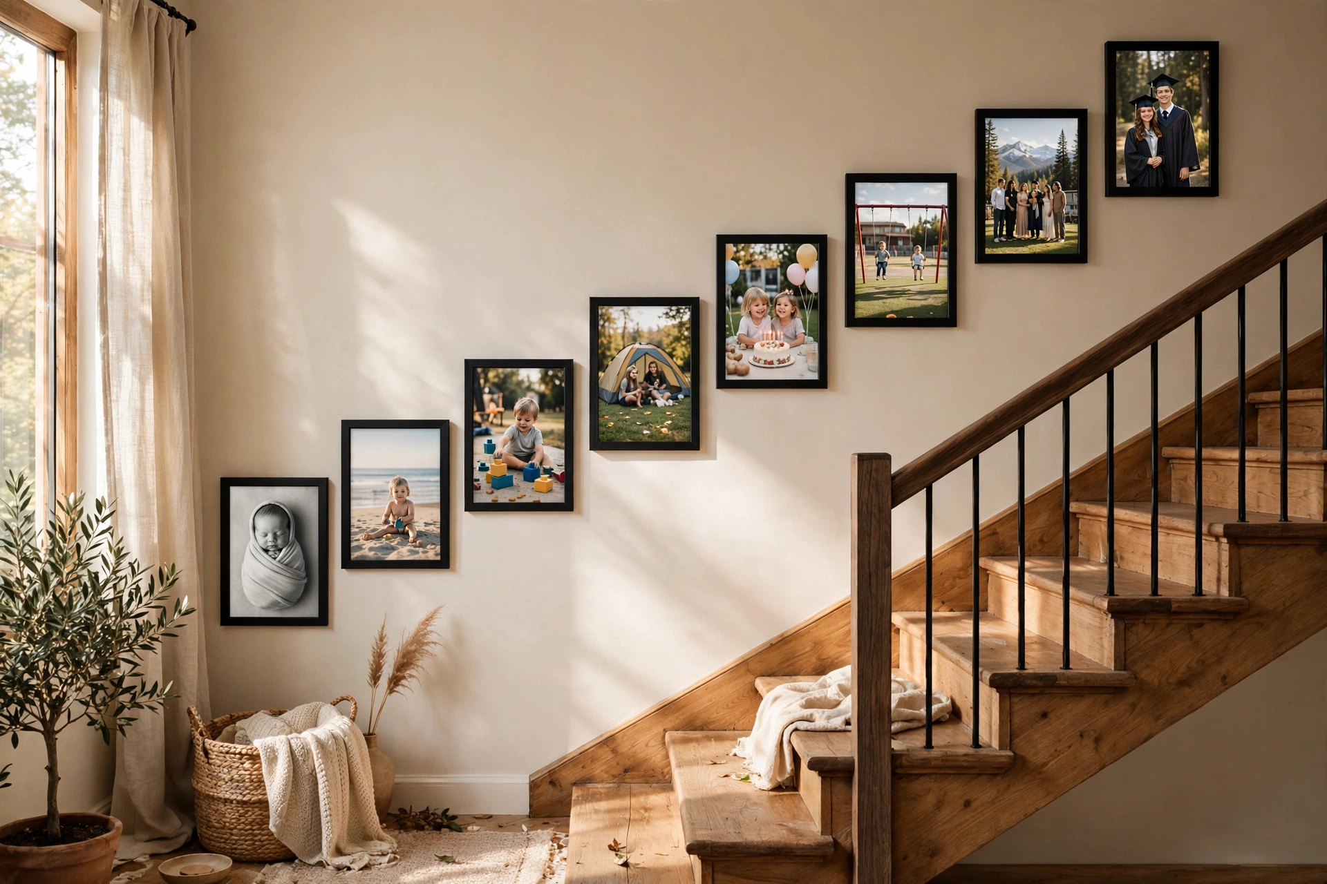 Family photo timeline in matching black frames climbing a staircase wall