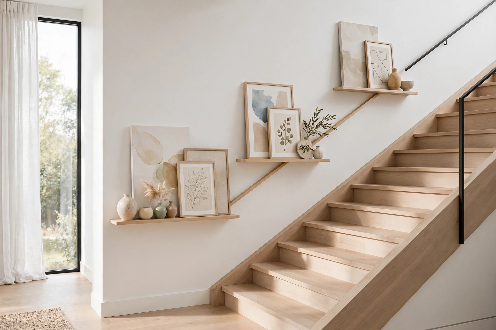 Floating picture ledges styled with layered art frames along a staircase wall