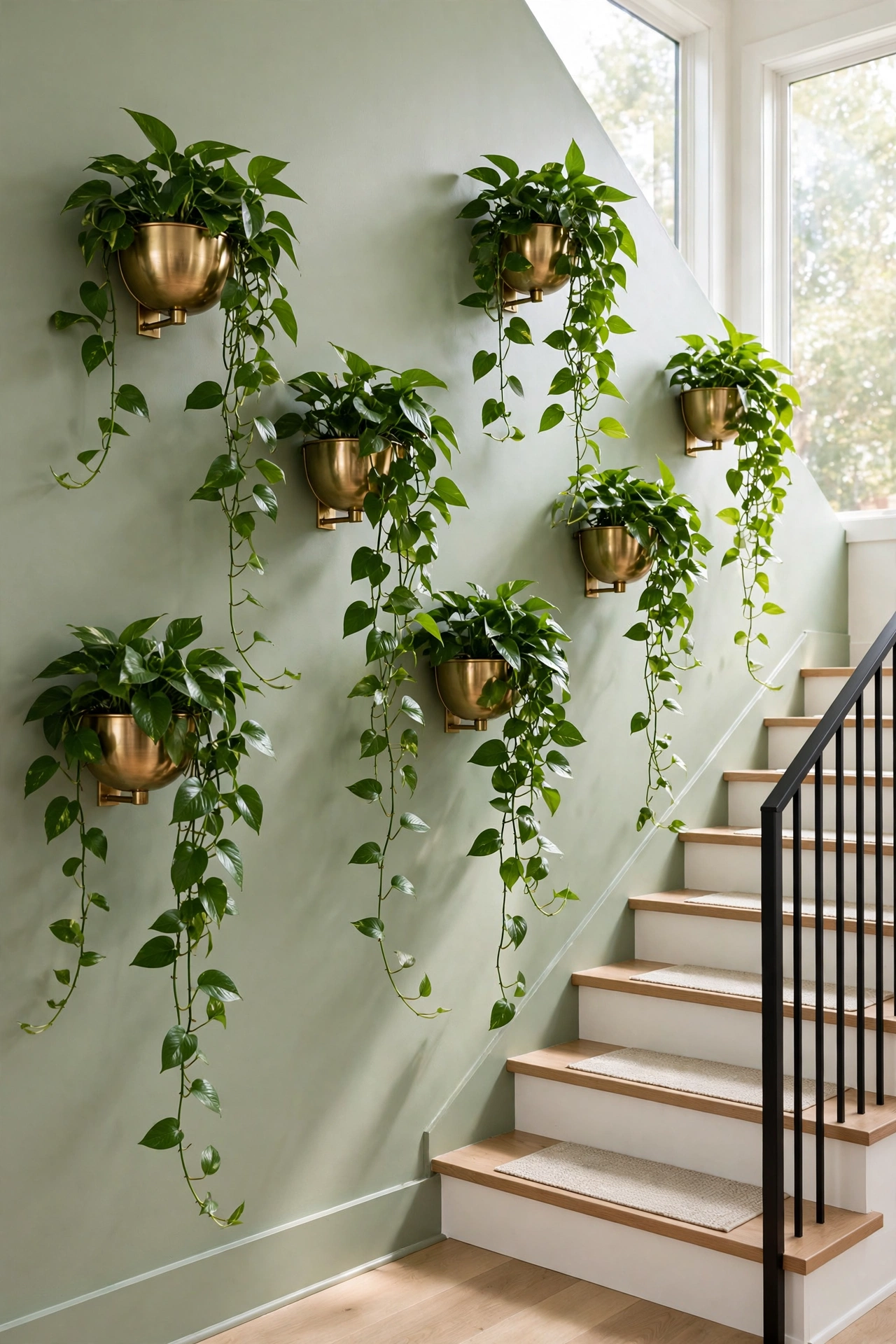 Trailing pothos plants in wall-mounted planters along a bright staircase wall