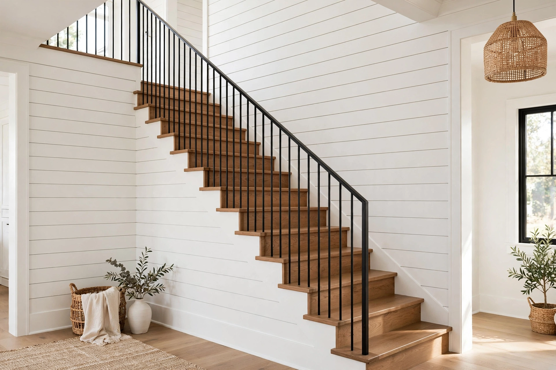 Crisp white horizontal shiplap wall alongside a staircase with a black railing