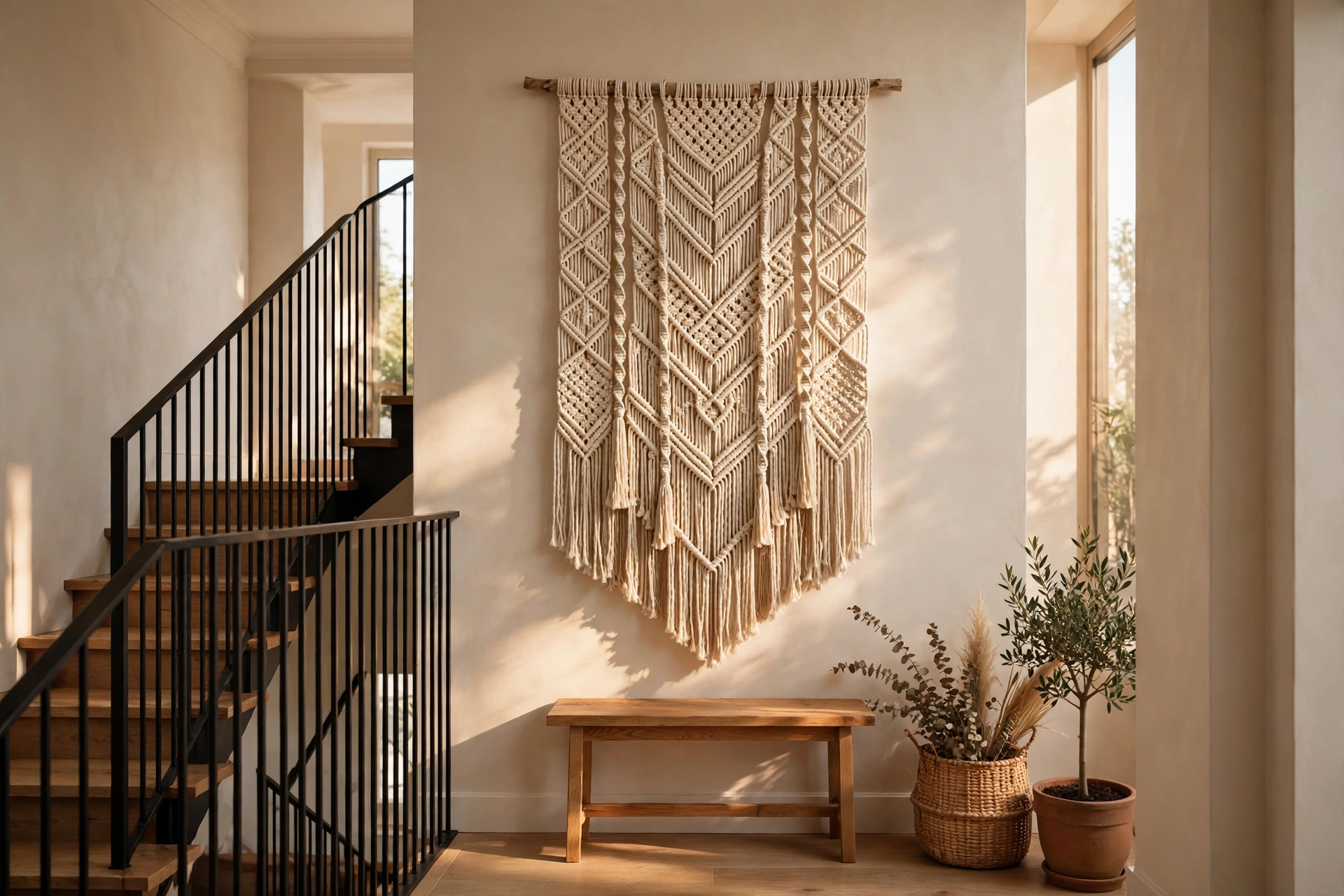 Large woven macrame wall hanging on a staircase landing wall