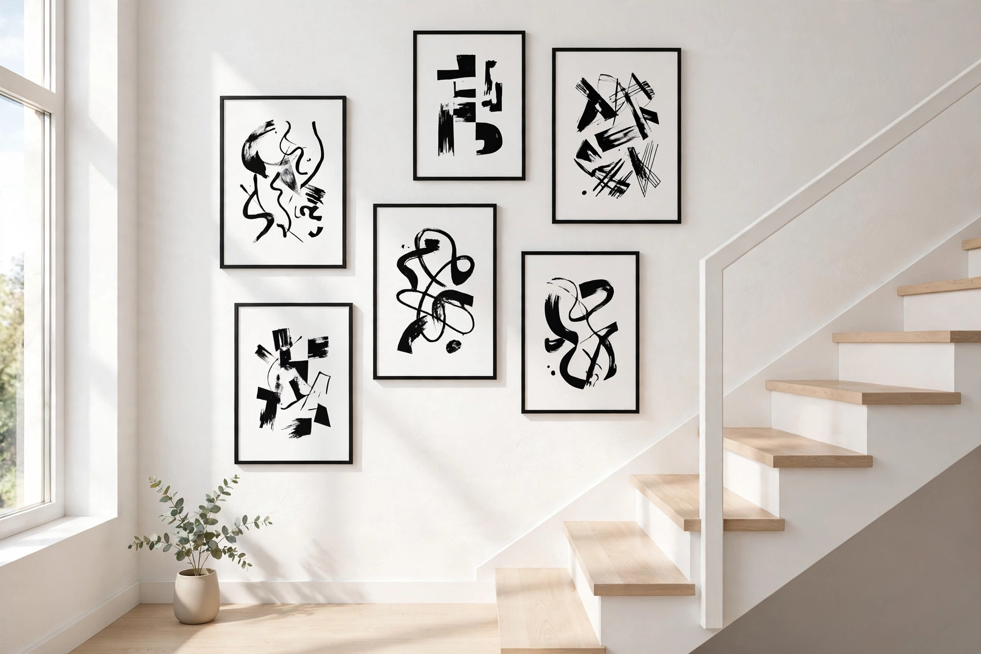 Framed black-and-white typography prints arranged on a staircase wall