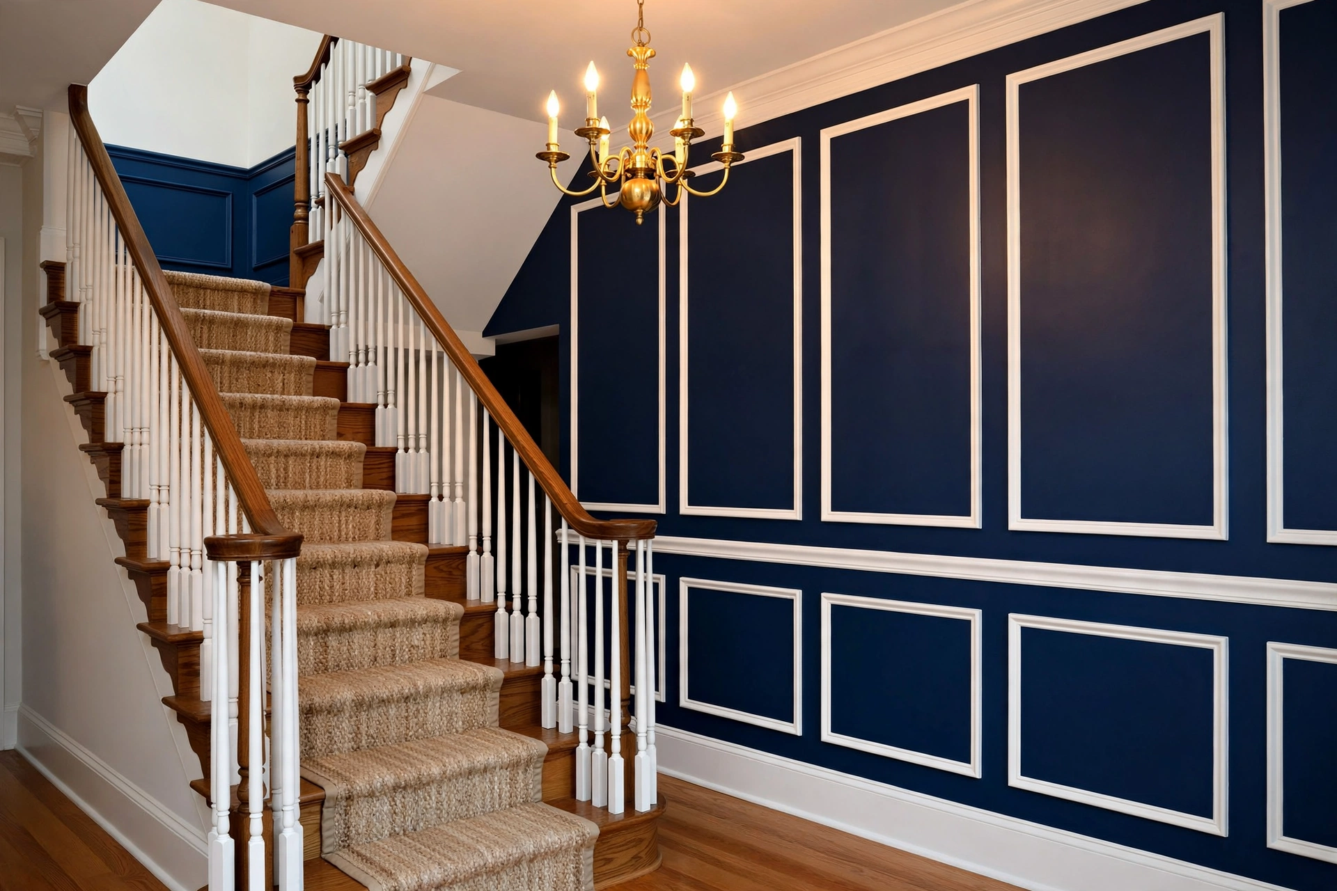White picture-frame wainscoting moulding on a deep navy staircase wall