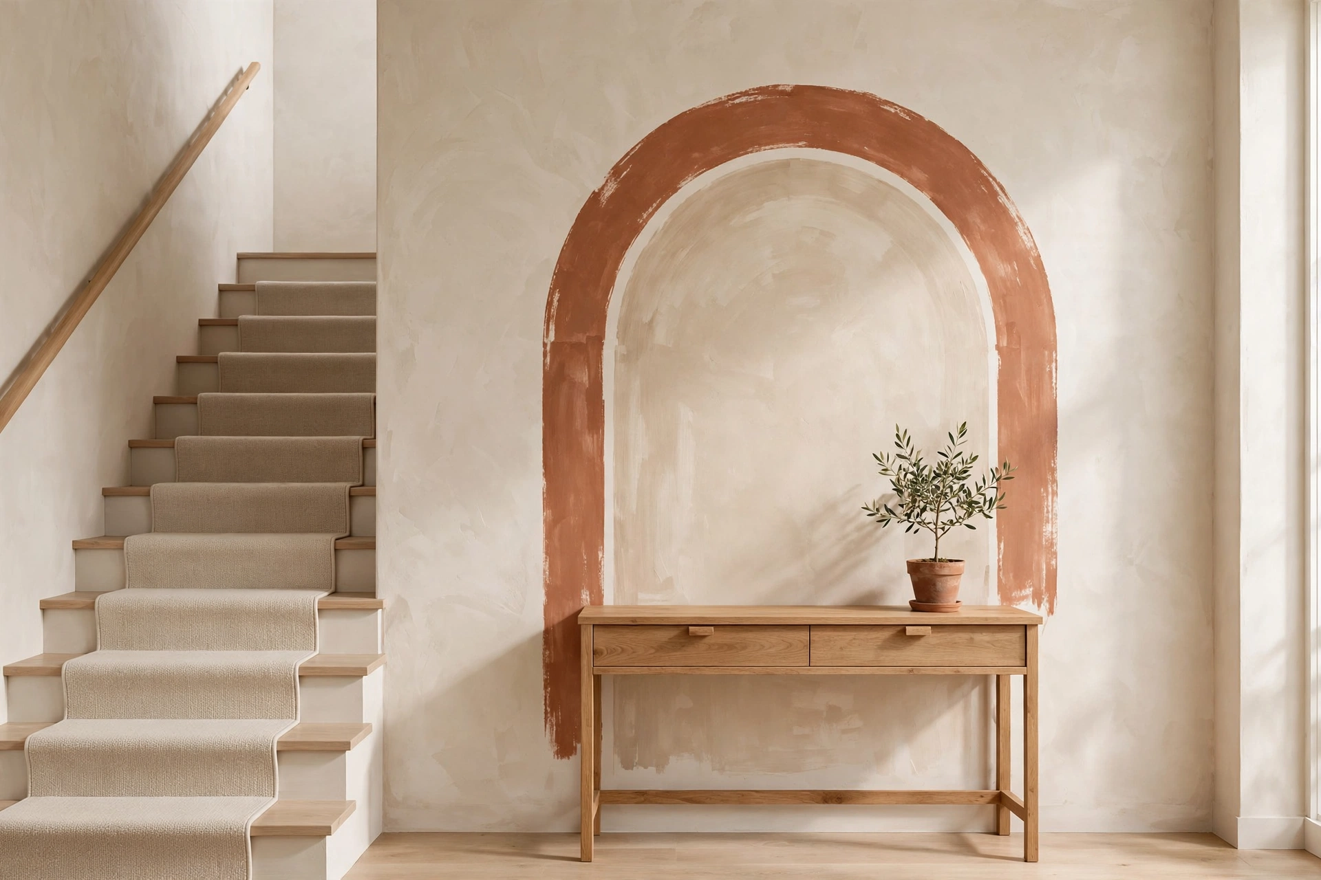 Hand-painted terracotta arch mural on a staircase wall