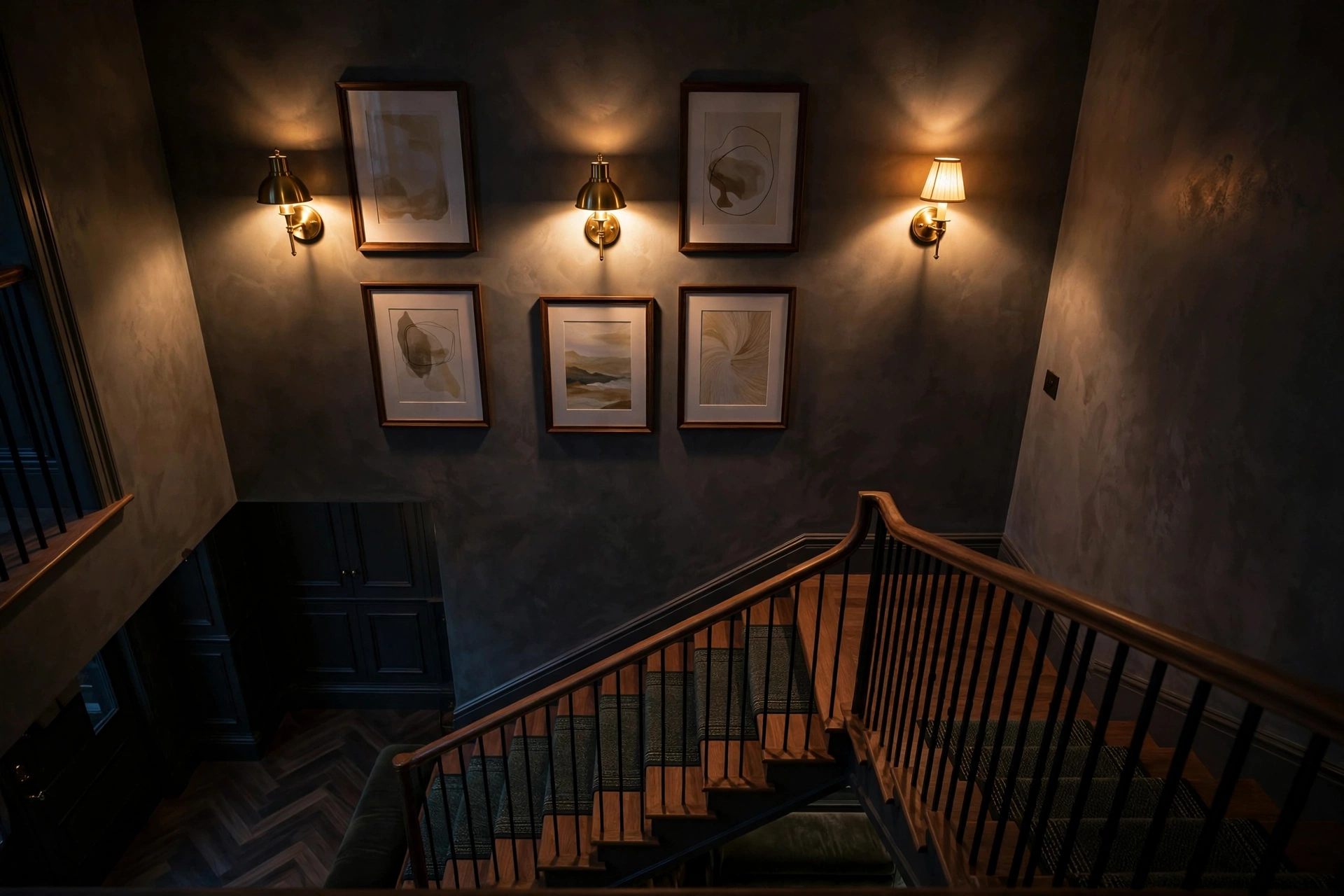 Warm glowing brass wall sconces between framed art on a staircase wall
