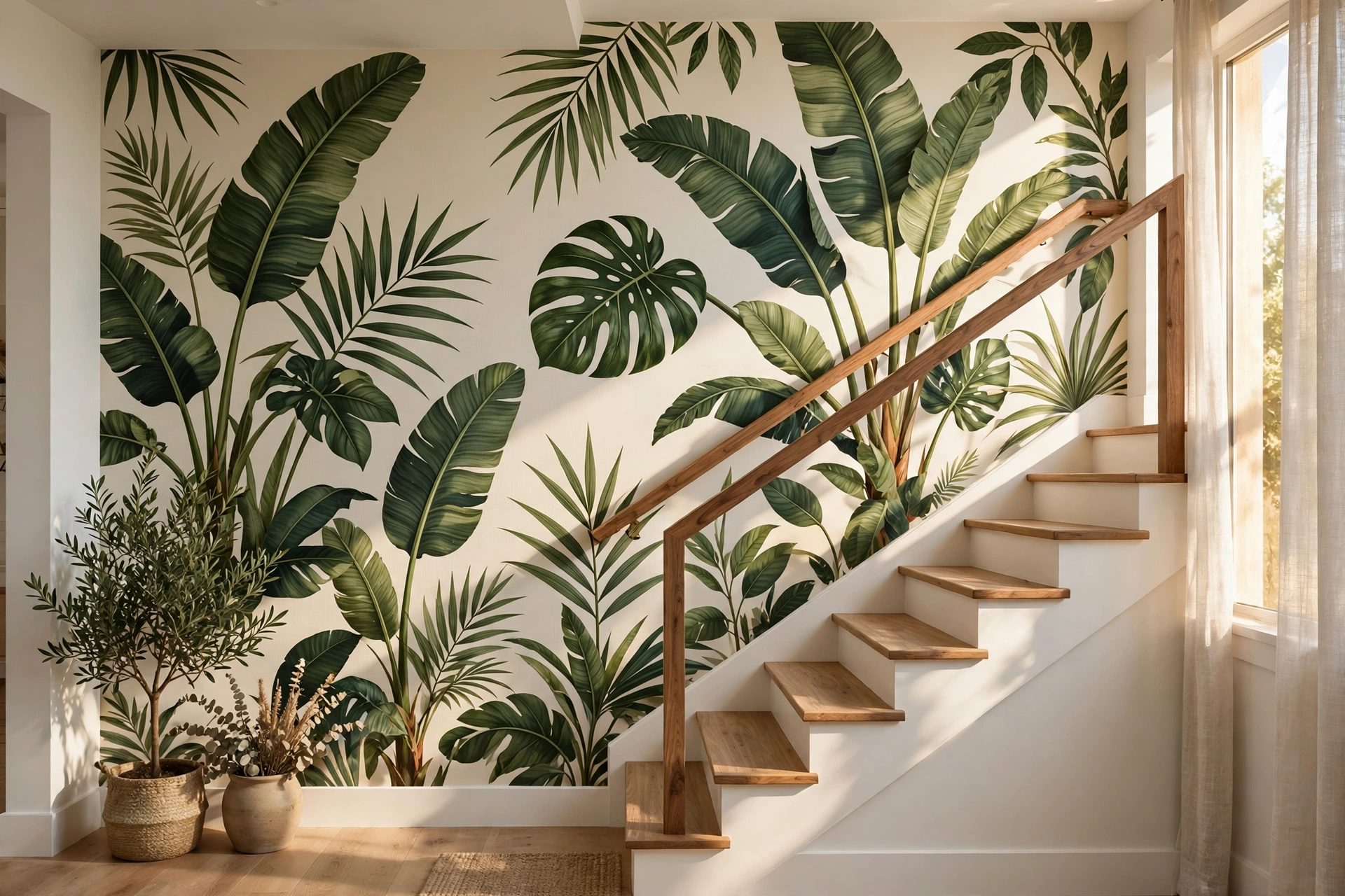 Bold botanical wallpaper accent wall on a staircase with a wooden handrail
