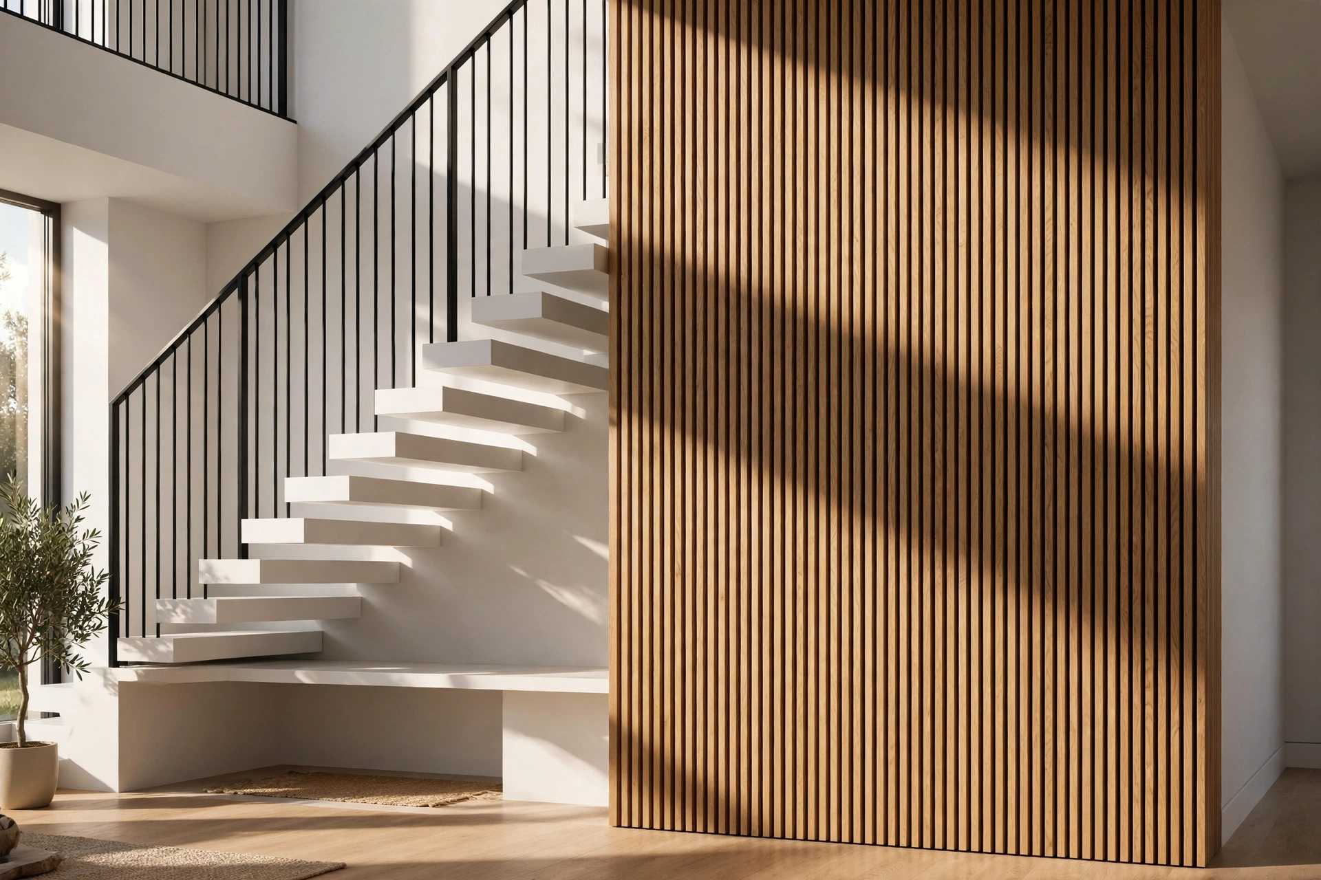 Vertical oak wood slat feature wall beside a modern staircase