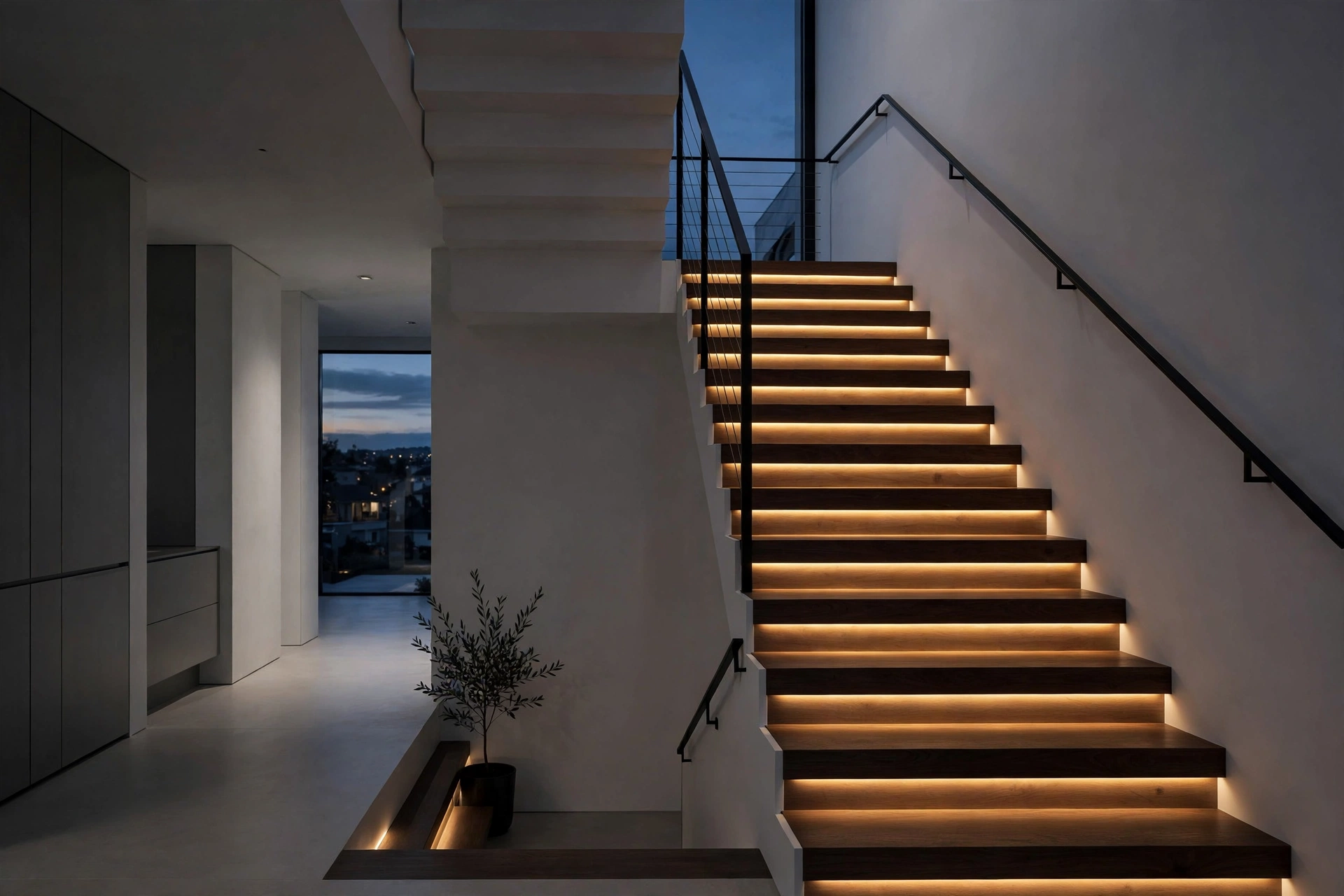 Modern staircase with warm LED strip lights glowing under each tread at dusk