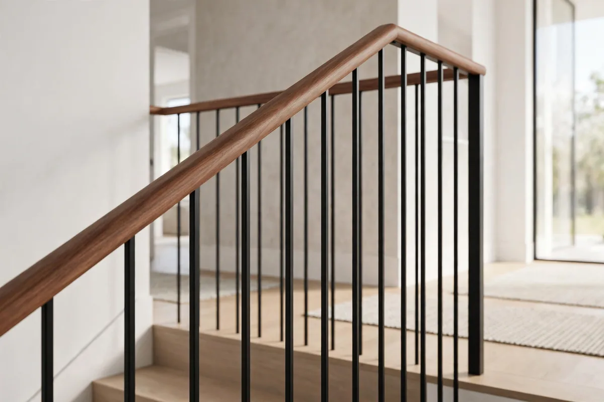 Close-up of modern staircase railing with slim matte black metal balusters and walnut handrail