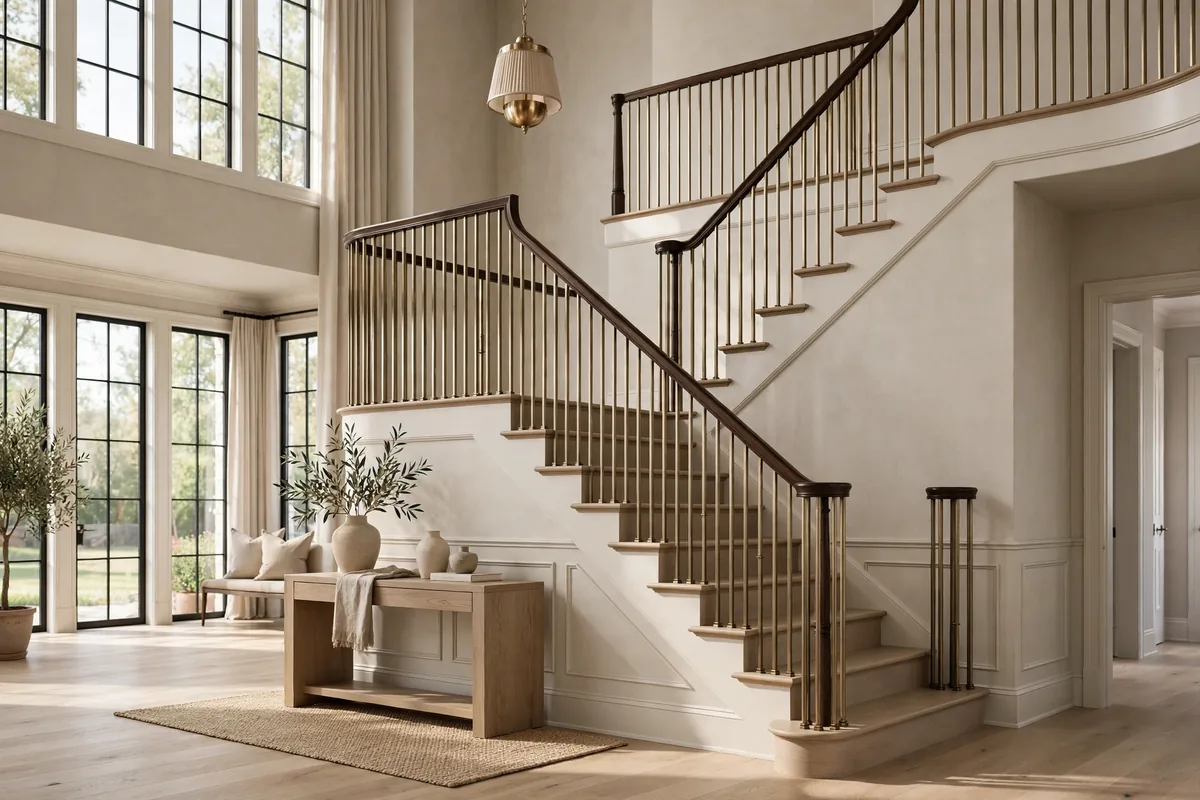 Transitional staircase with brushed brass balusters and dark stained wood handrail