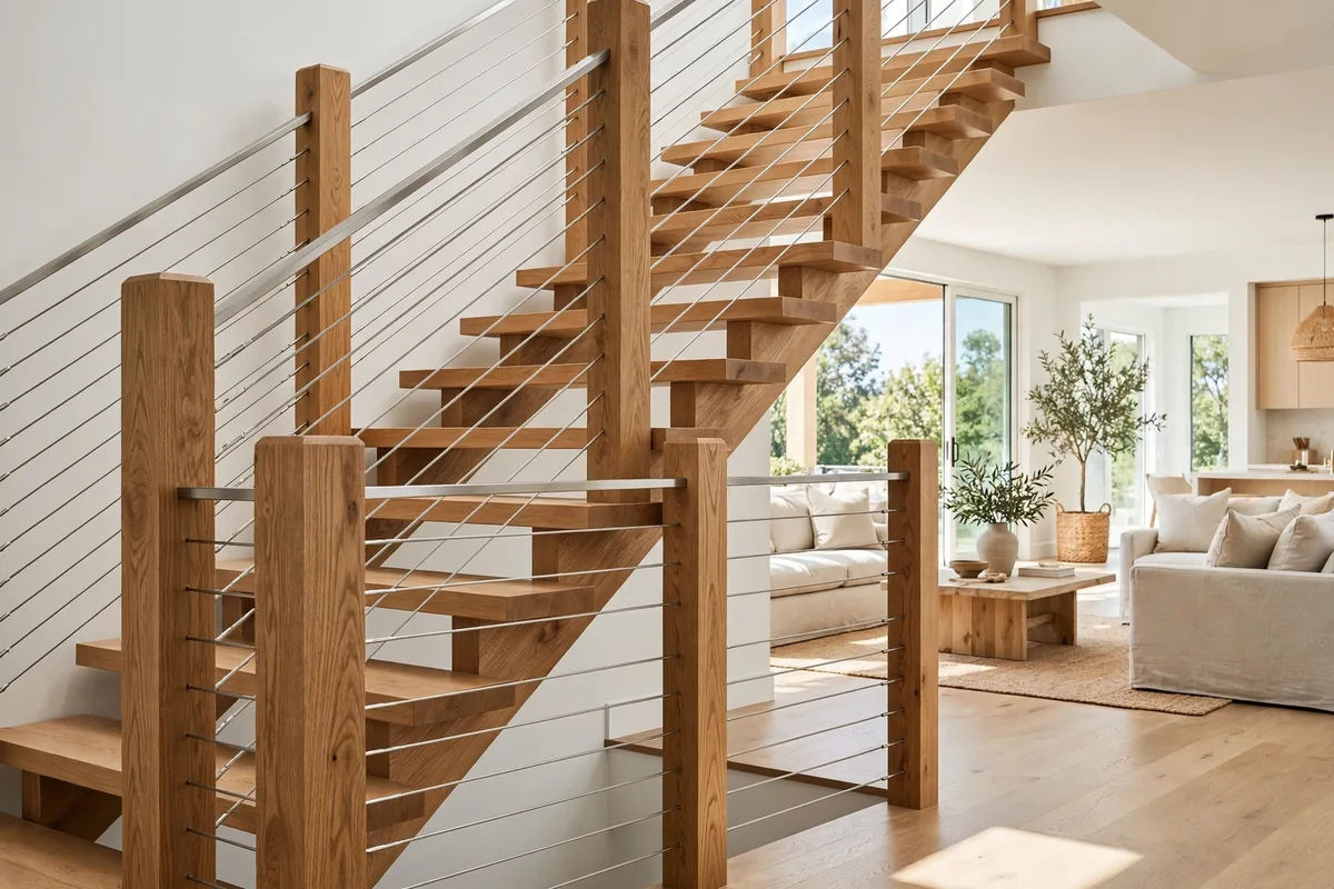 Contemporary staircase with horizontal stainless steel cable railing and oak posts