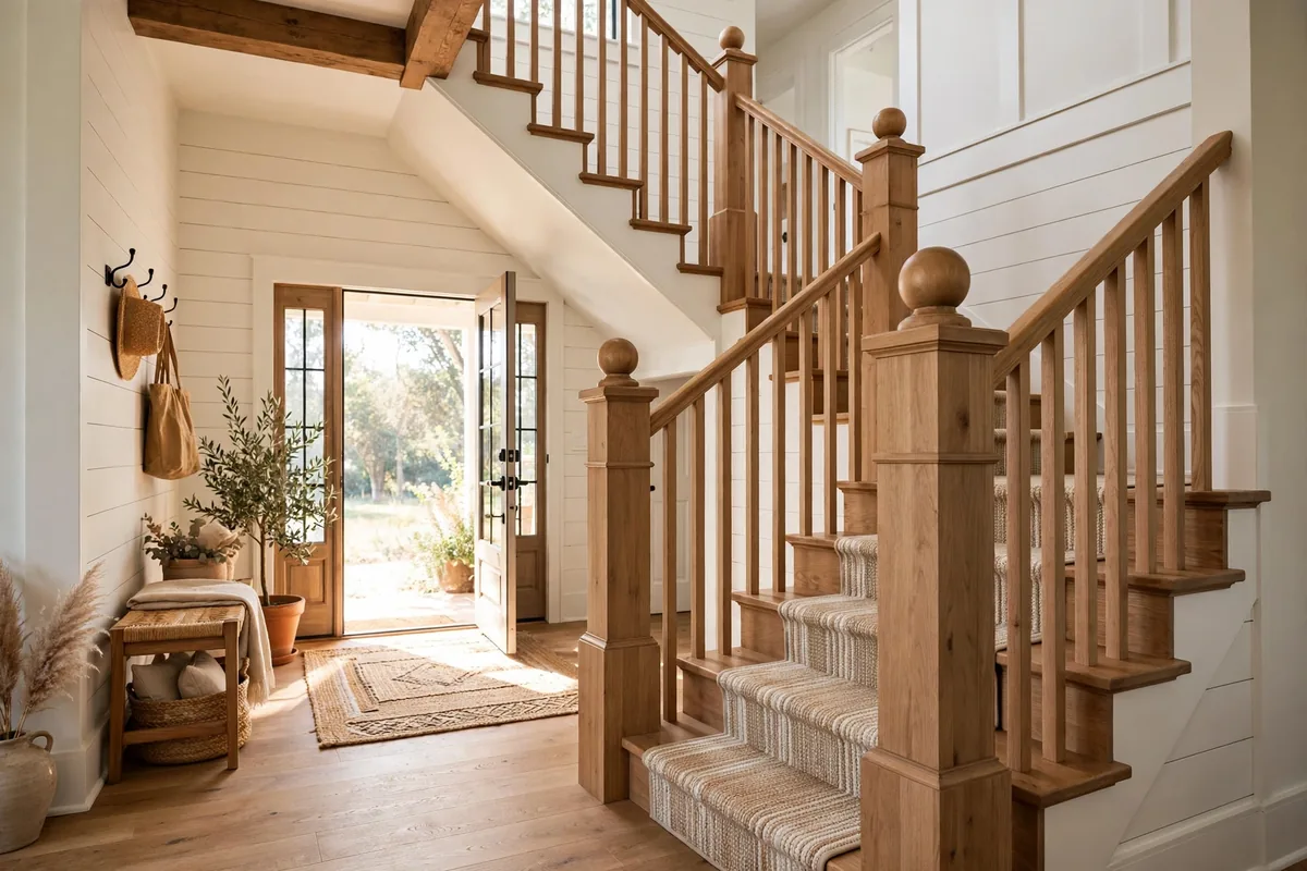 Farmhouse staircase with oversized square wood newel posts and ball caps