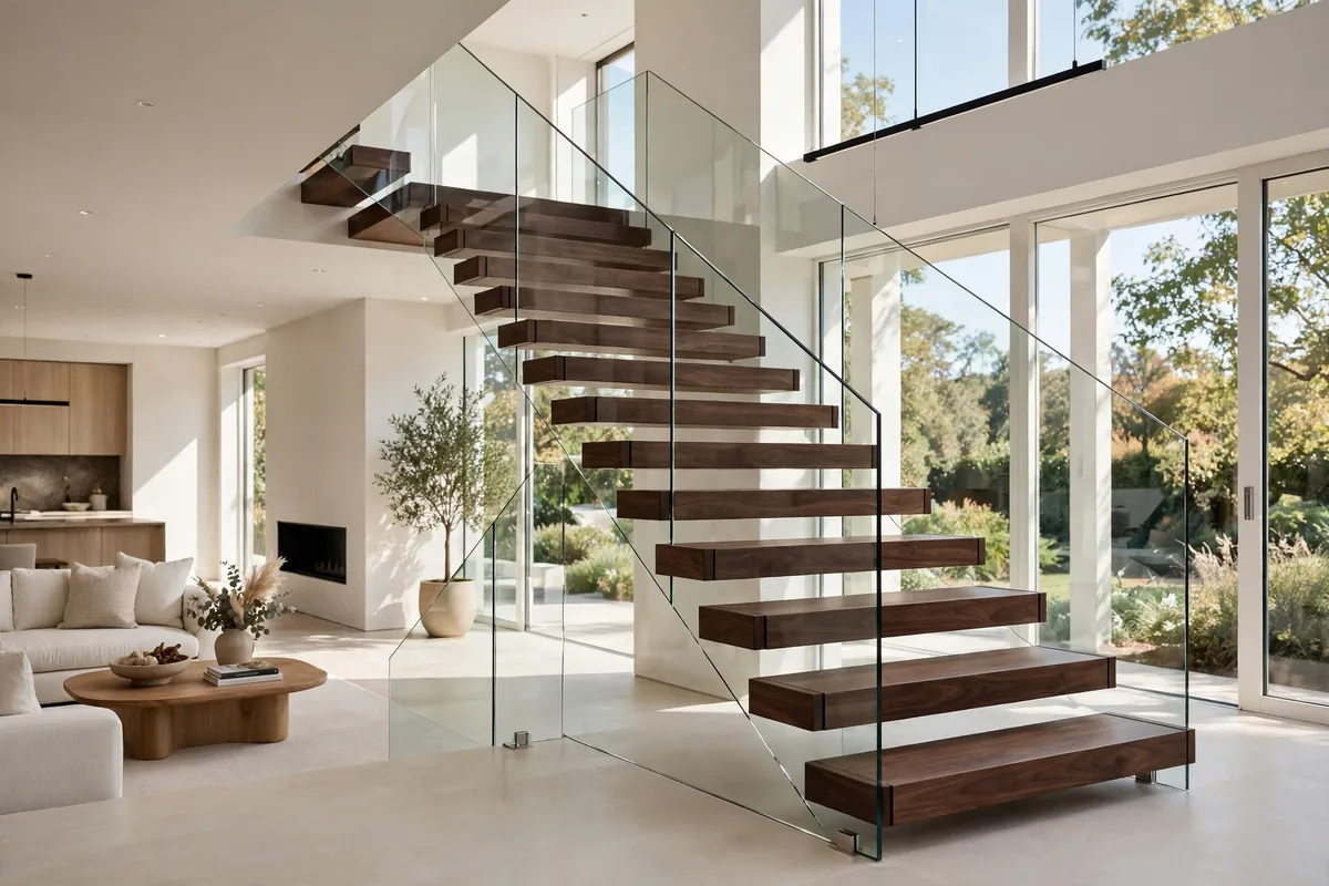 Luxury modern staircase with frameless glass panel railing and dark walnut floating steps