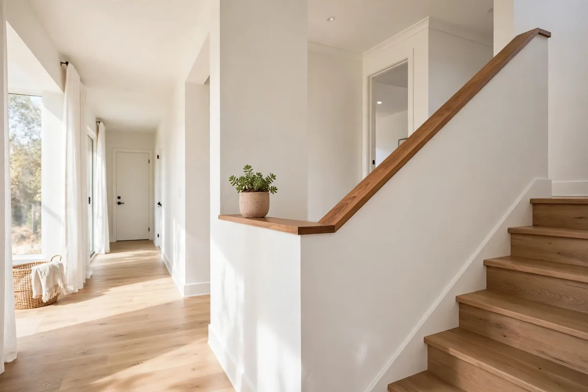 Family staircase with white half-wall railing topped with a stained wood cap