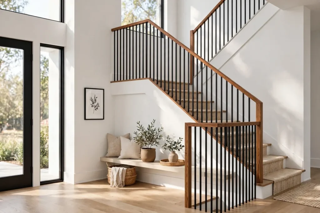 Entryway staircase with matte black metal balusters and a warm stained oak handrail