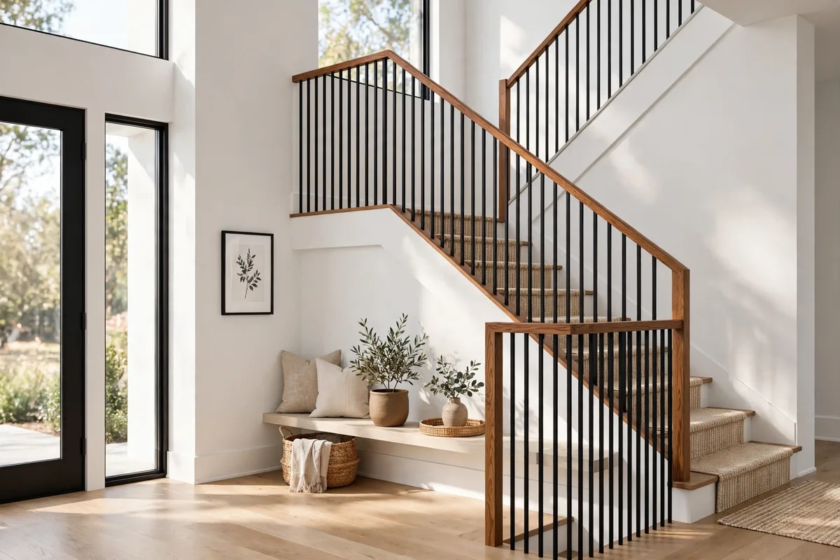 Entryway staircase with matte black metal balusters and a warm stained oak handrail