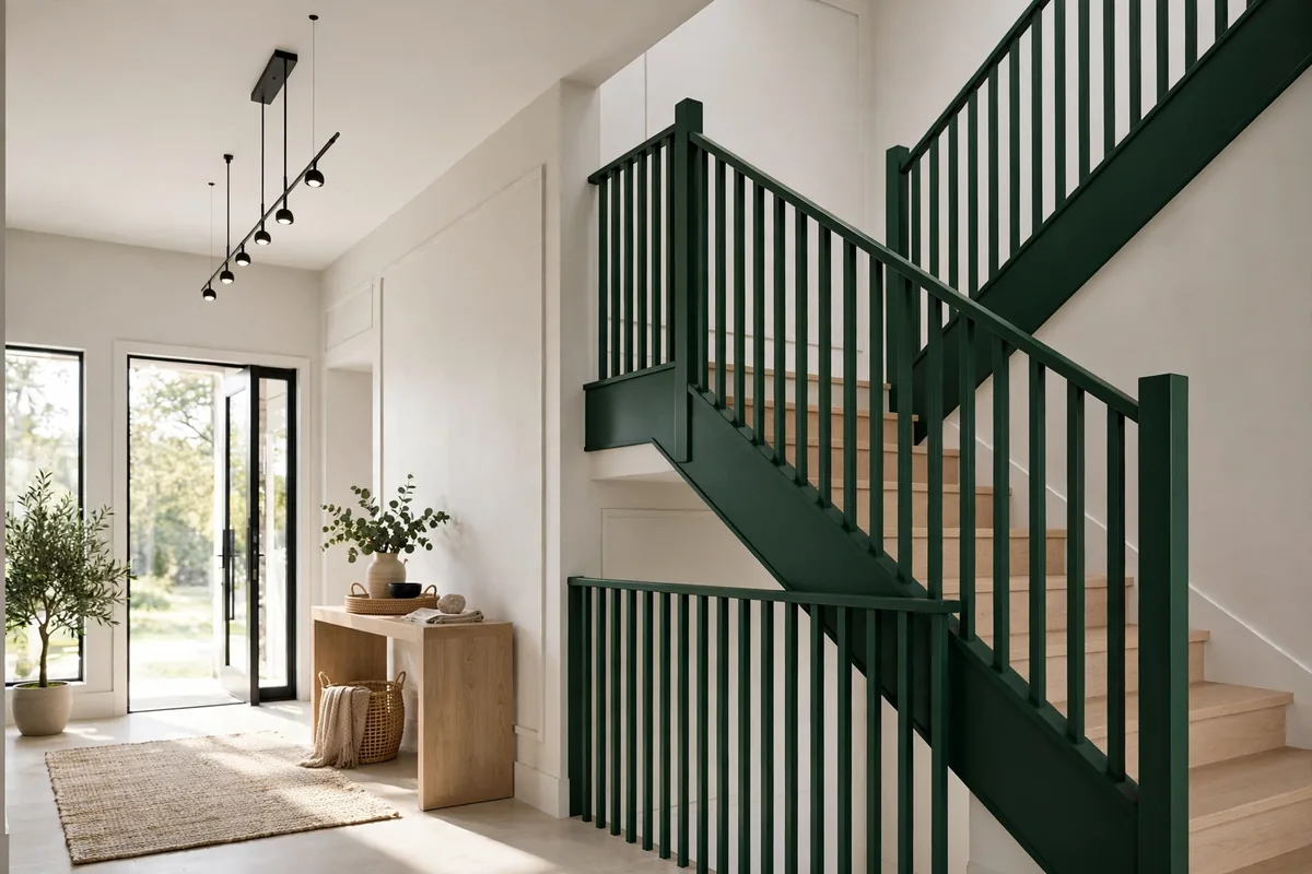 Staircase with bold deep forest green painted railing in a modern entryway