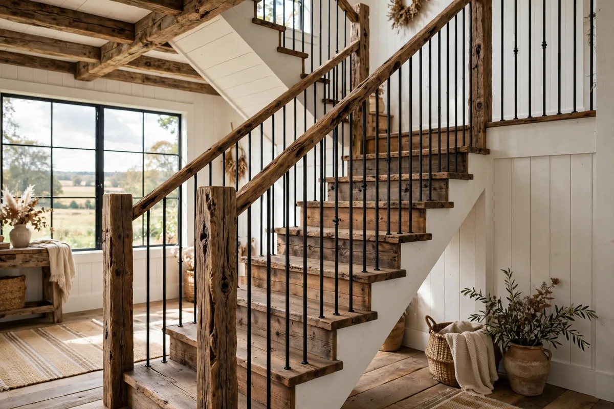 Rustic farmhouse staircase with reclaimed wood handrail and black iron spindles
