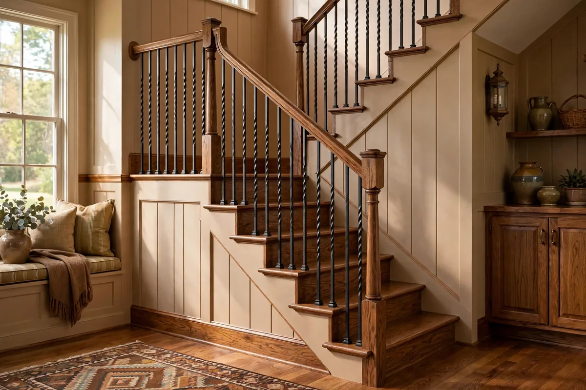 Craftsman staircase with twisted wrought iron balusters and stained oak handrail