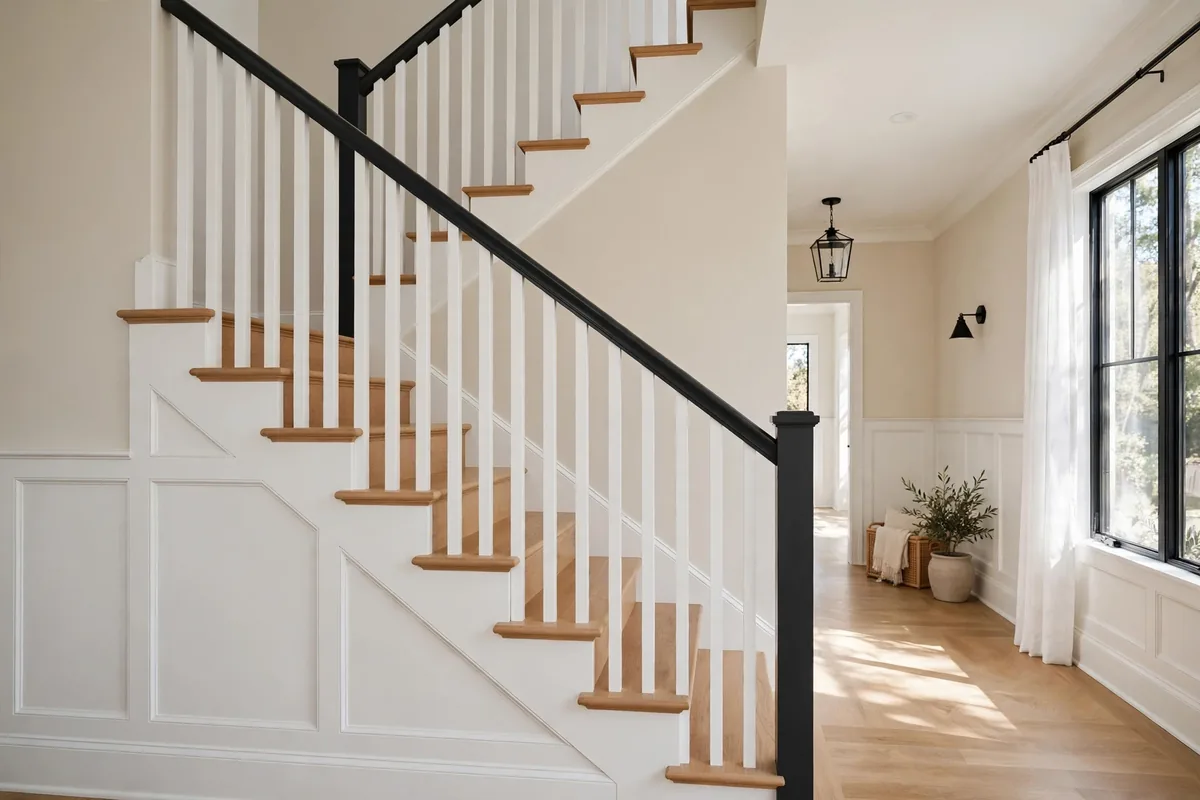 Two-tone staircase railing with dark charcoal handrail over white painted balusters