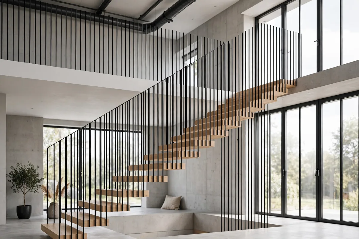 Modern industrial staircase with slim vertical black steel pickets and oak treads